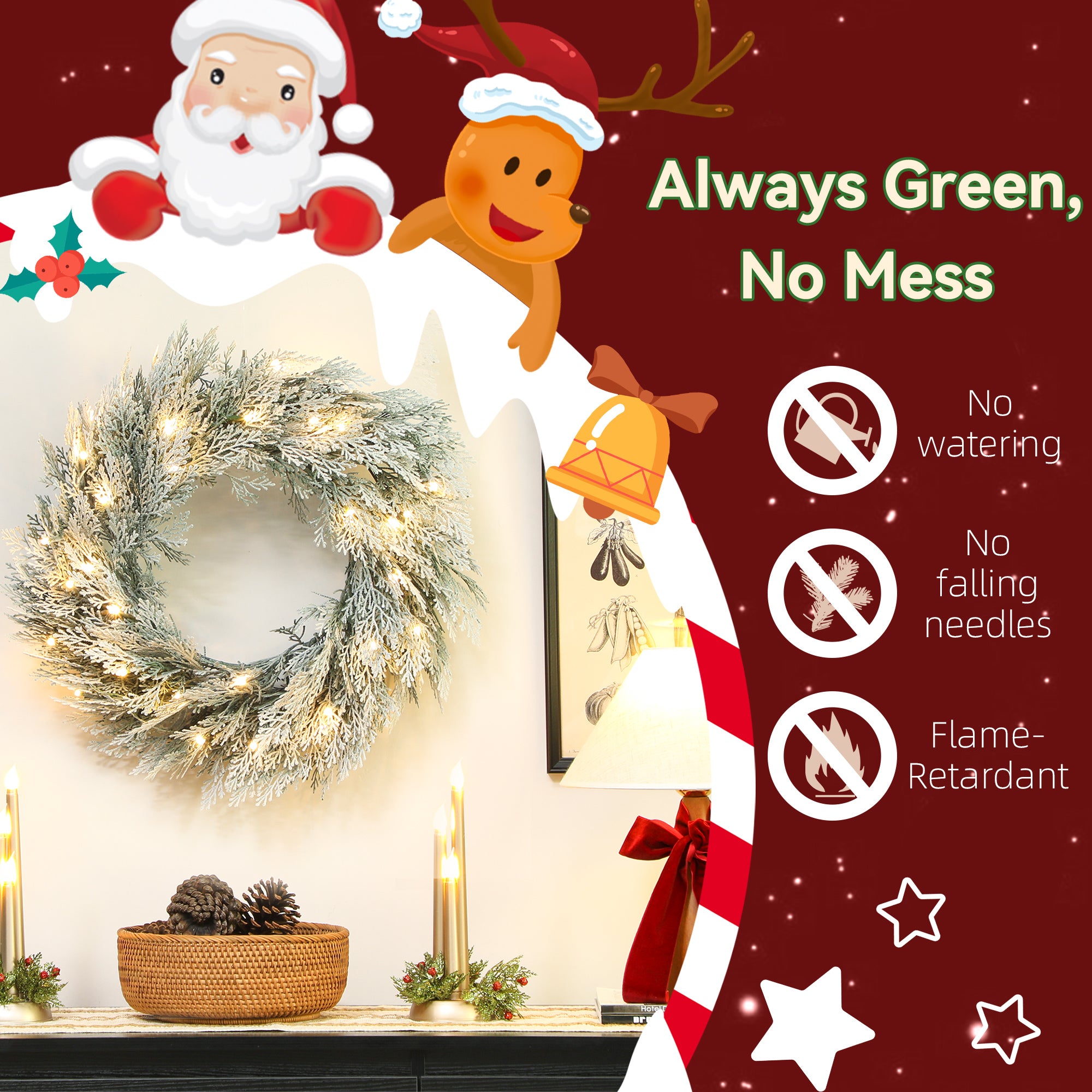 HOMCOM 60cm/ 24inch Flocked Prelit Christmas Wreath