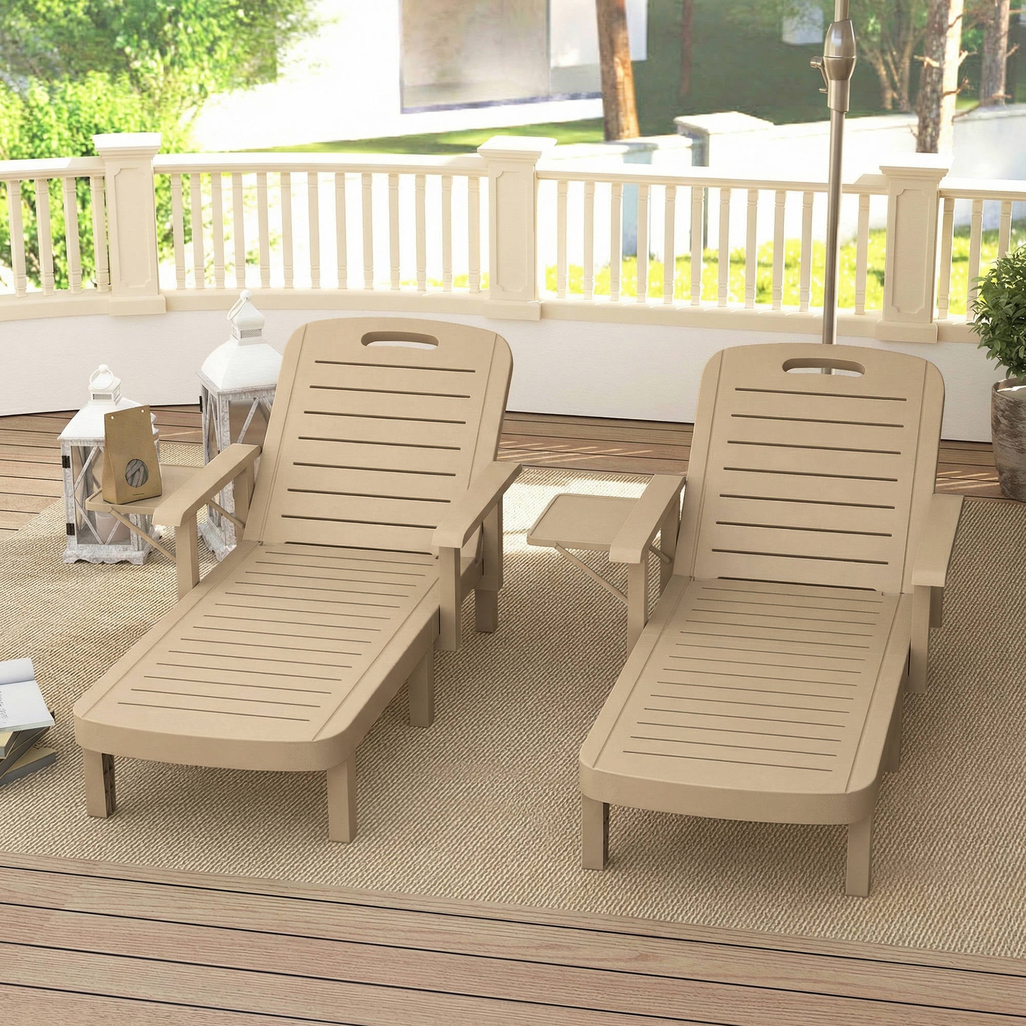 Outsunny Set of 2 Reclining Sun Loungers, 5 Positions Adjustable Outdoor Chaise Lounge Chair with Armrests, Khaki