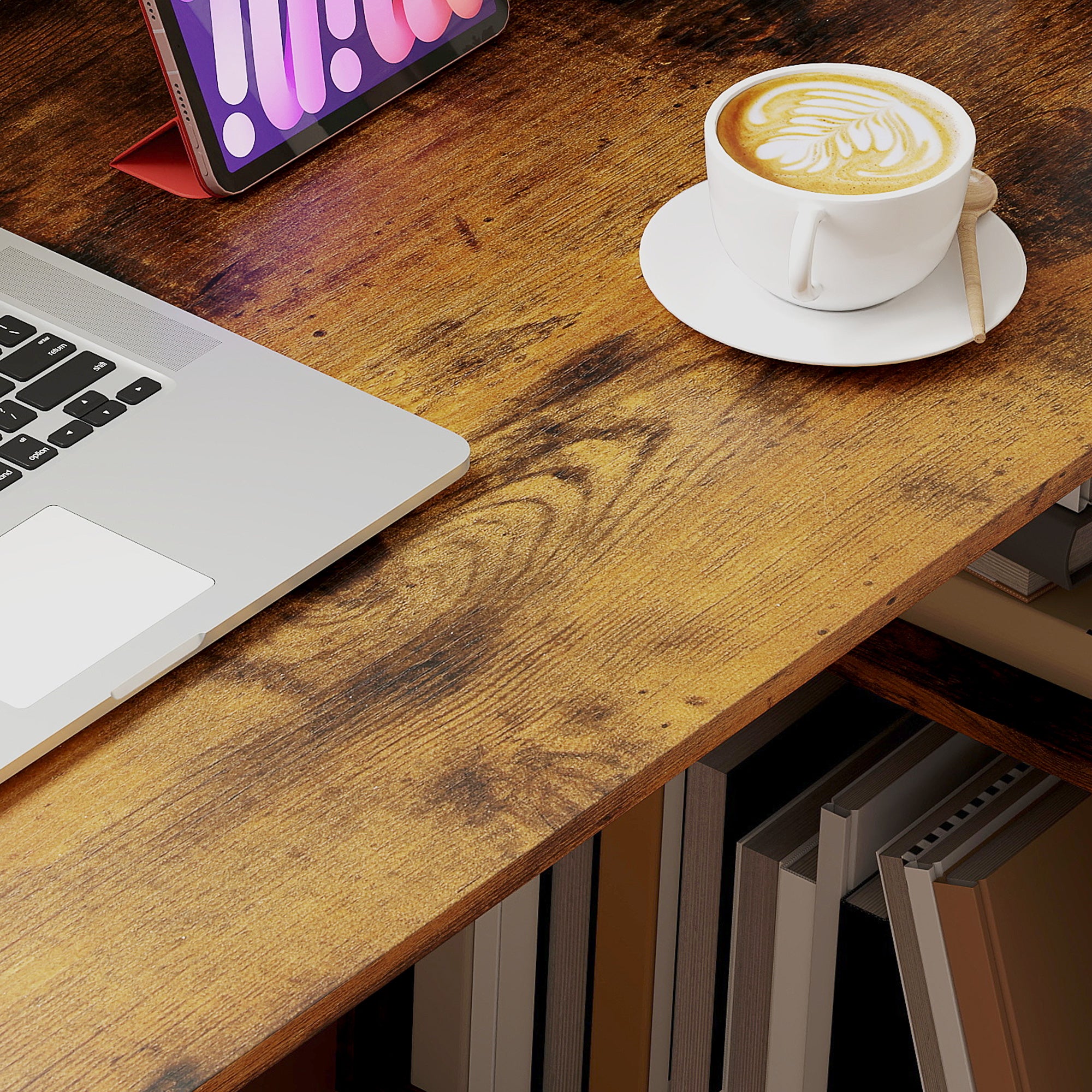 HOMCOM 120cm Computer Desk, Wooden PC Laptop Table with 6-Tier Storage Bookshelves, Home Office Working Study Desk, Writing Workstation, Rustic Brown Wood-Effect