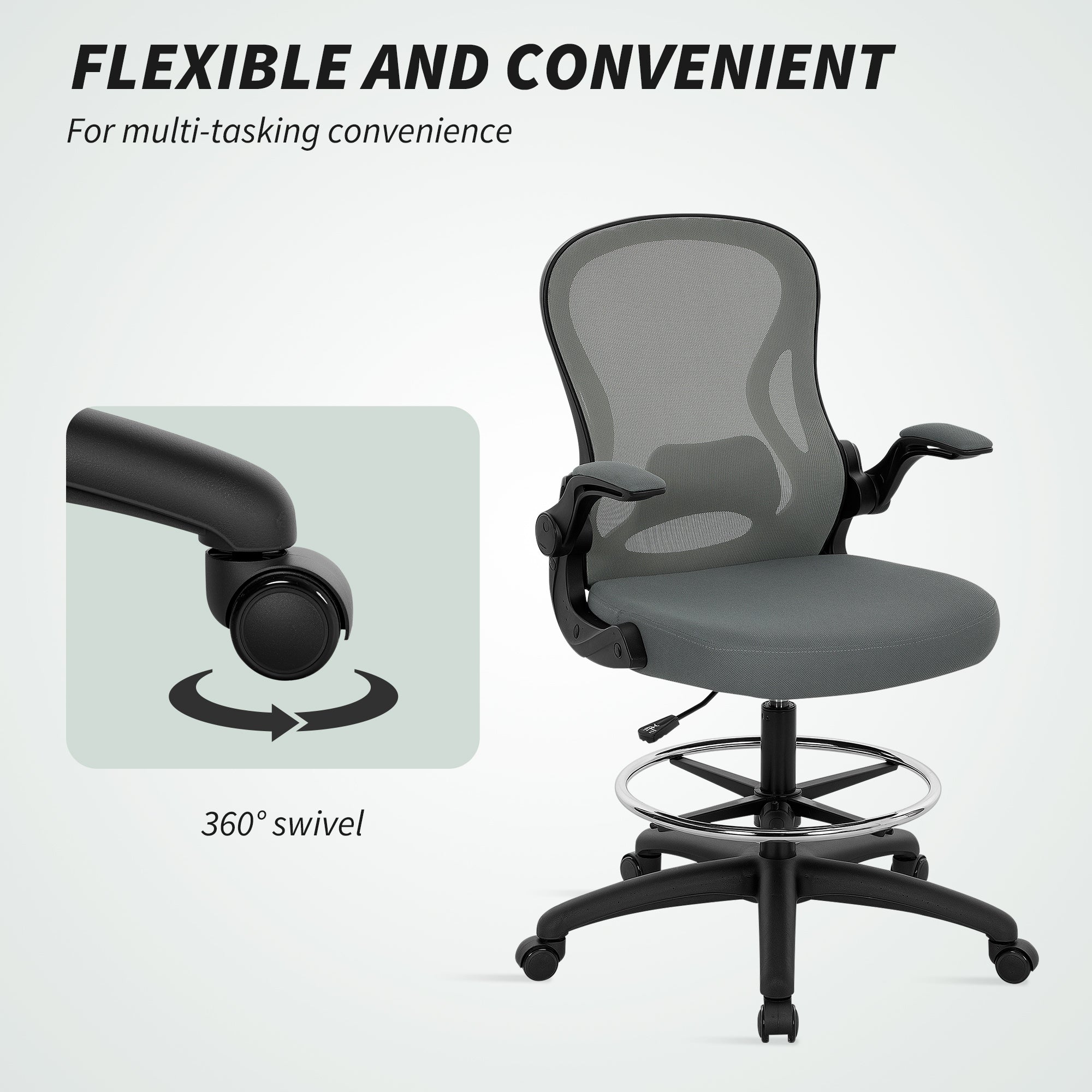 Vinsetto Drafting Chair, Ergonomic Tall Office Chair with Flip-up Armrests, Mesh Back, Lumbar Support, Adjustable Height and Foot Ring, Swivel Wheels, for Standing Desk, Charcoal Grey