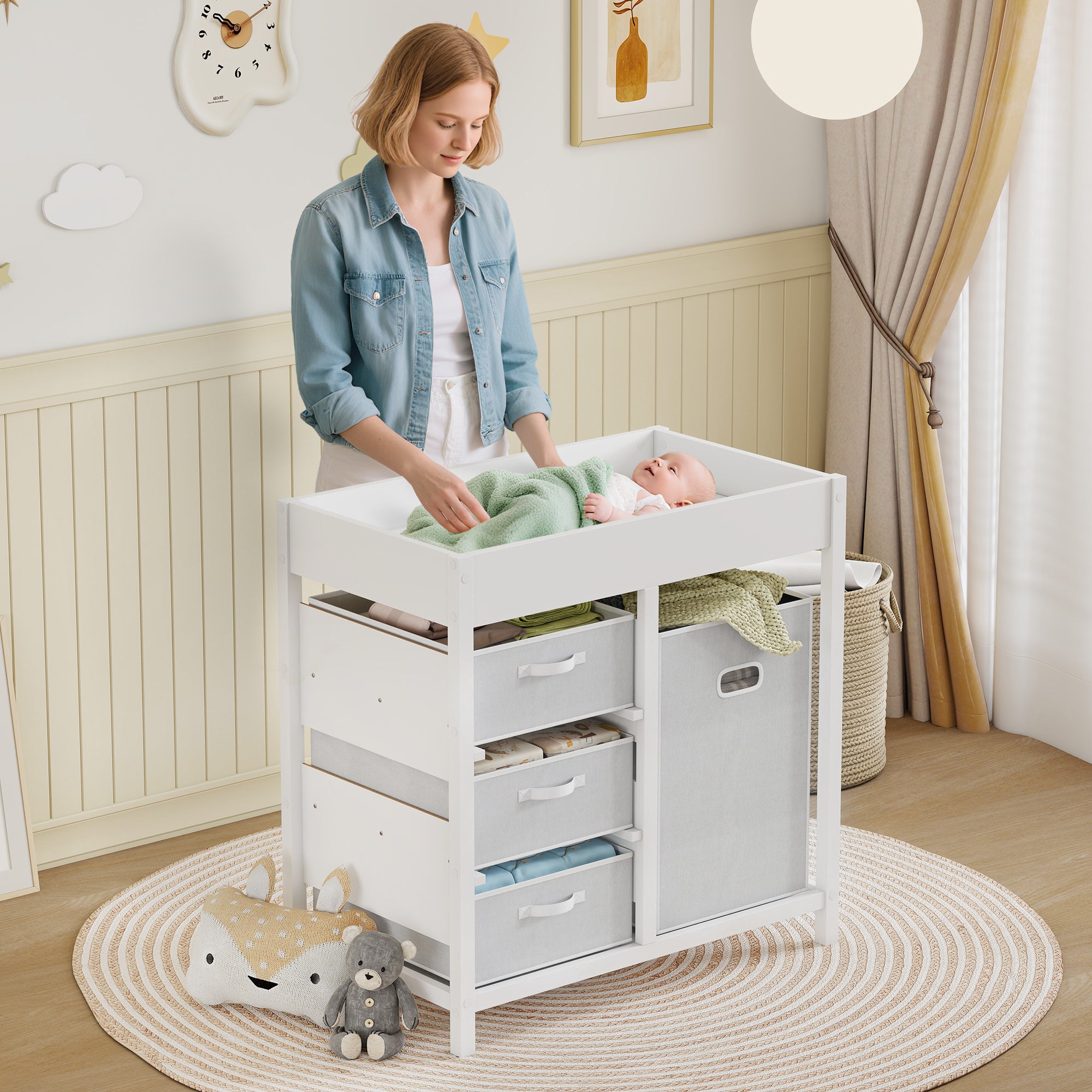 AIYAPLAY Baby Changing Unit with 4 Storage Drawers, Mat for Bedroom Nursery, 84 x 84.5 cm, White