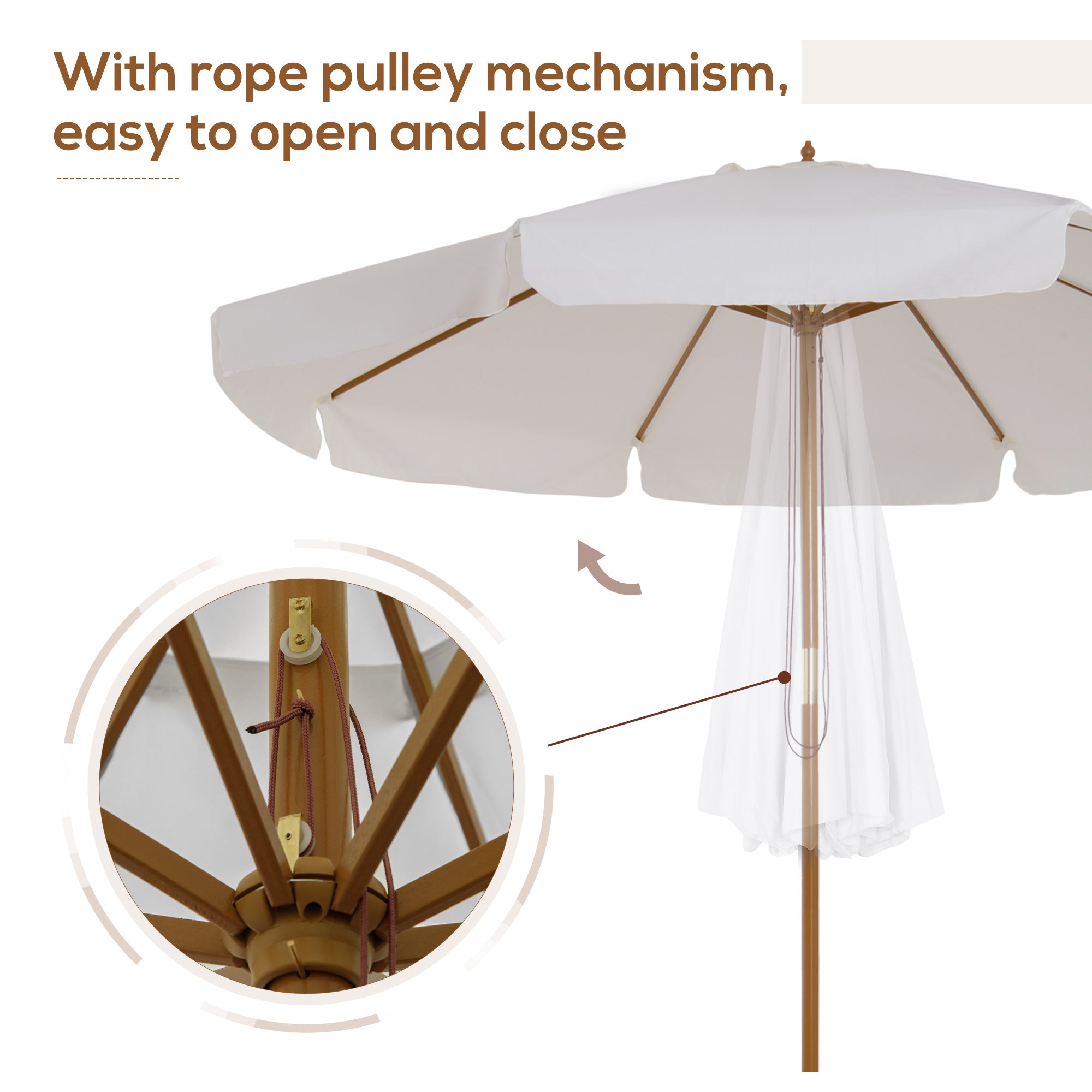 Outsunny 3.3(m) Garden Parasol Umbrella, Outdoor Sun Shade Canopy with 8 Bamboo Ribs, Ruffles and Wood Pole, Cream White