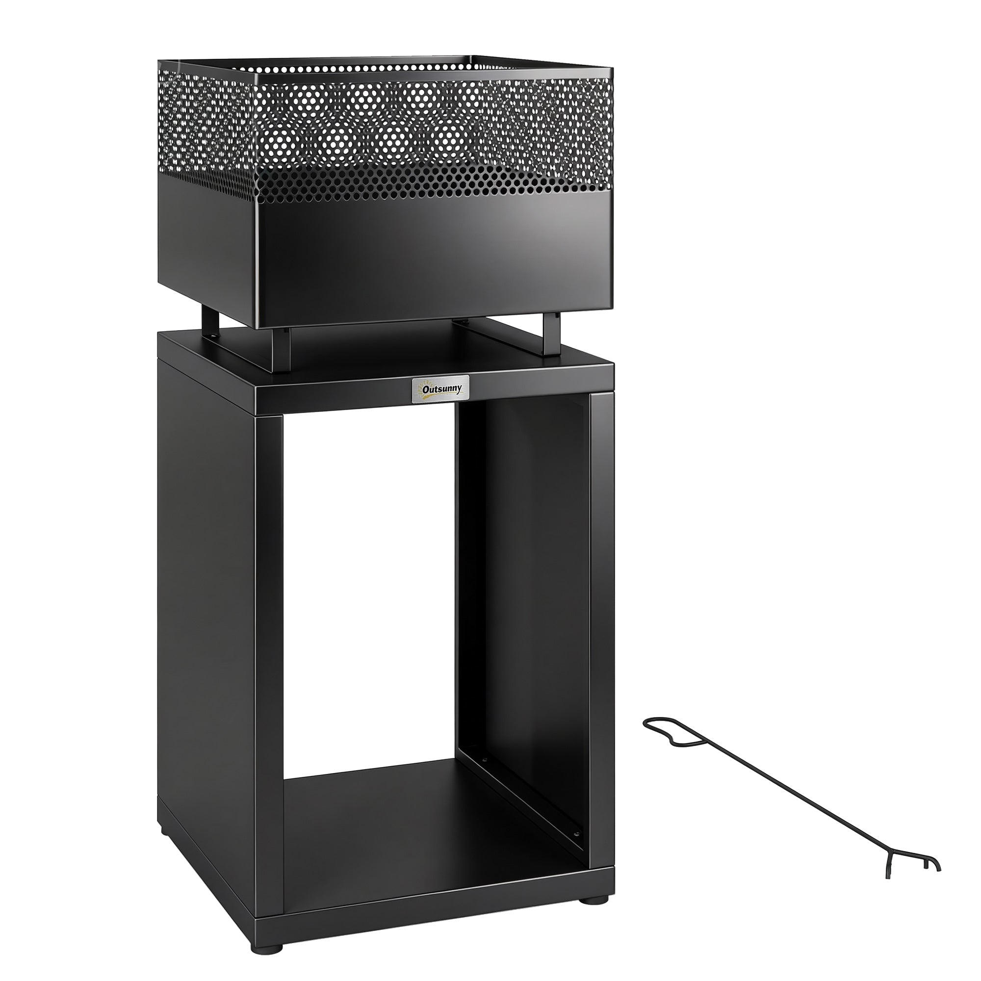 Outsunny Outdoor Fire Pit with Wood Storage Wood Burning Firepit with Mesh Sides 87 cm Black