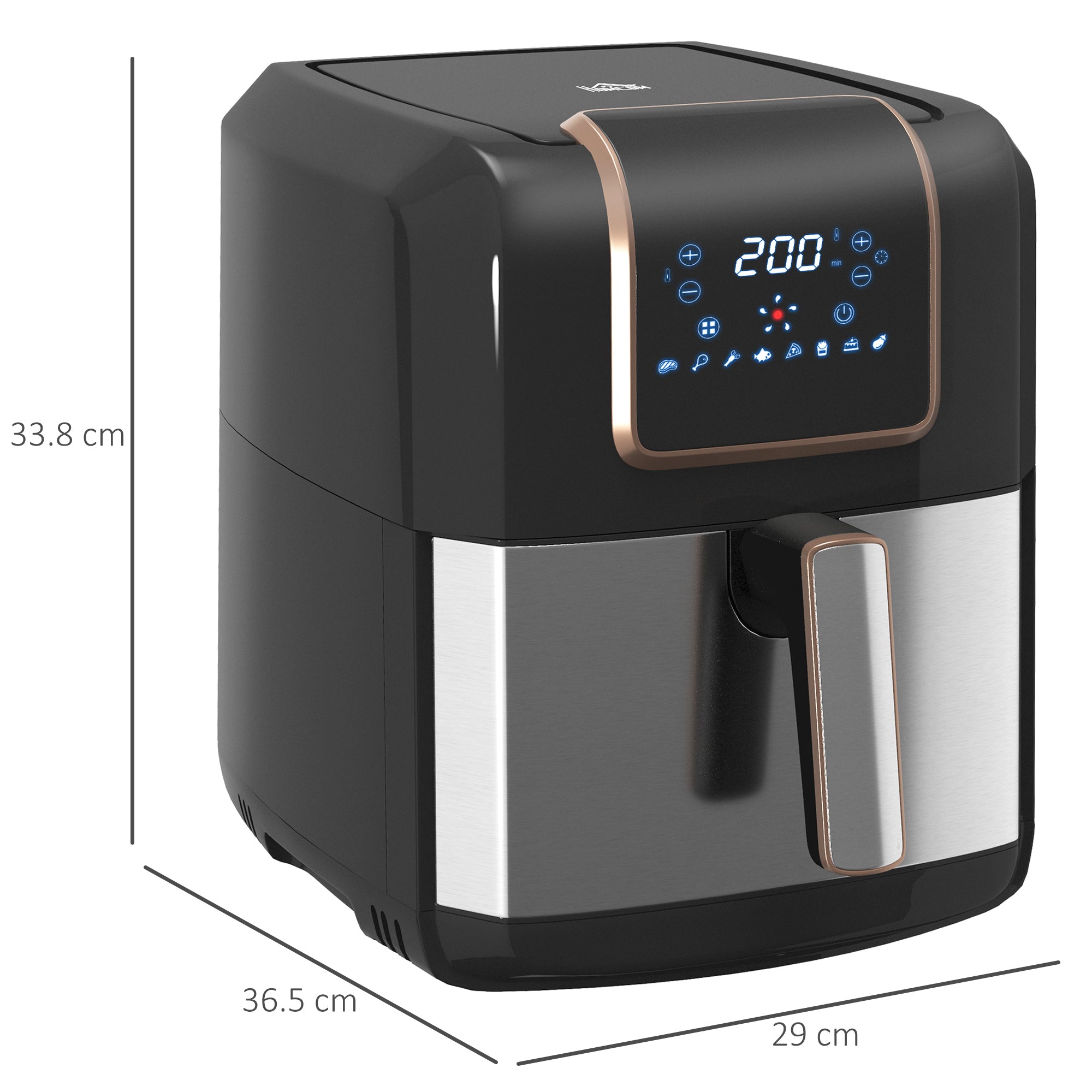 HOMCOM 6.5L Single Basket Air Fryer, 80-200\'c2\'b0C Temperature, Black and Gold Tone