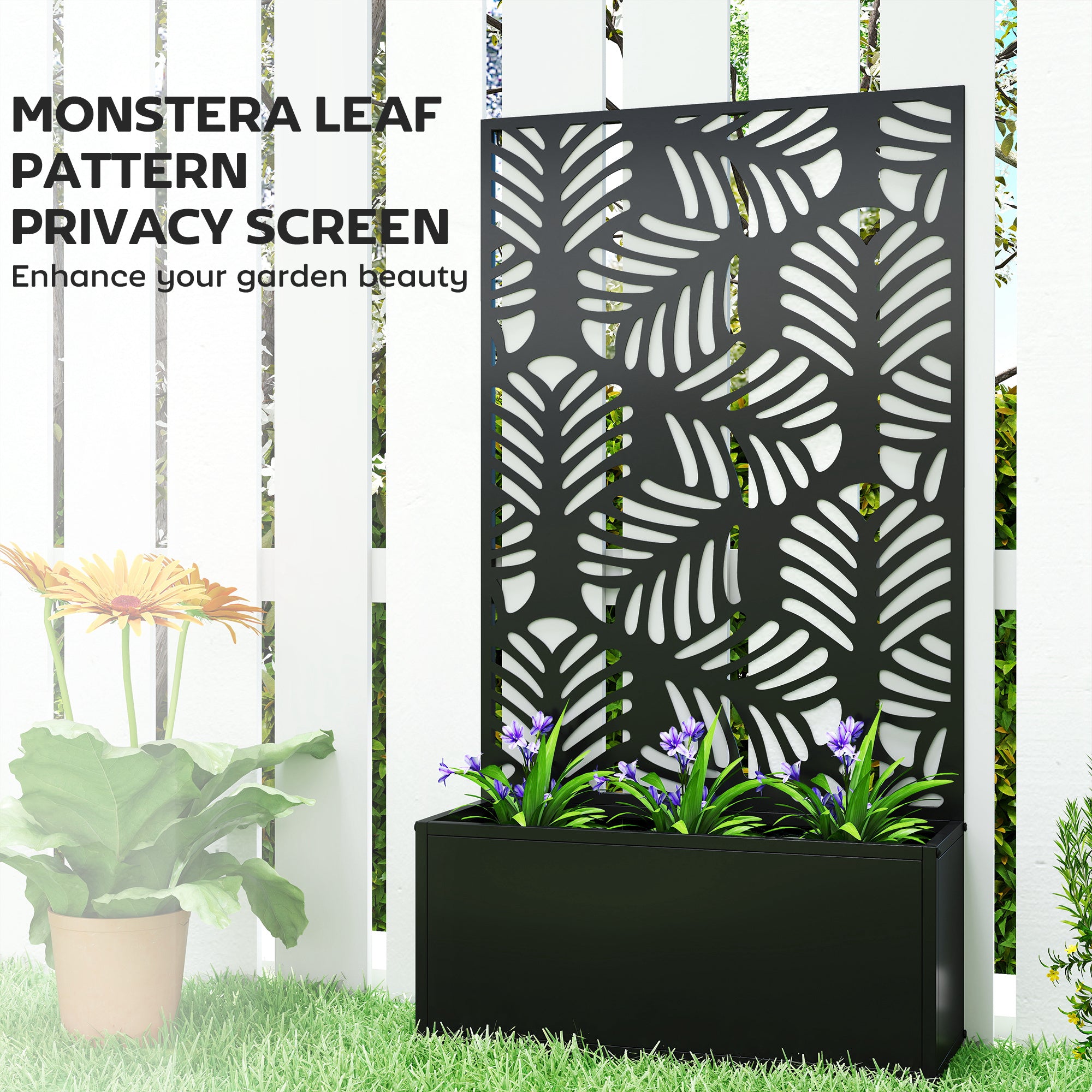 Outsunny Metal Garden Bed for Garden with Trellis, Wall Mounted or Freestanding Raised Planter with Privacy Screen