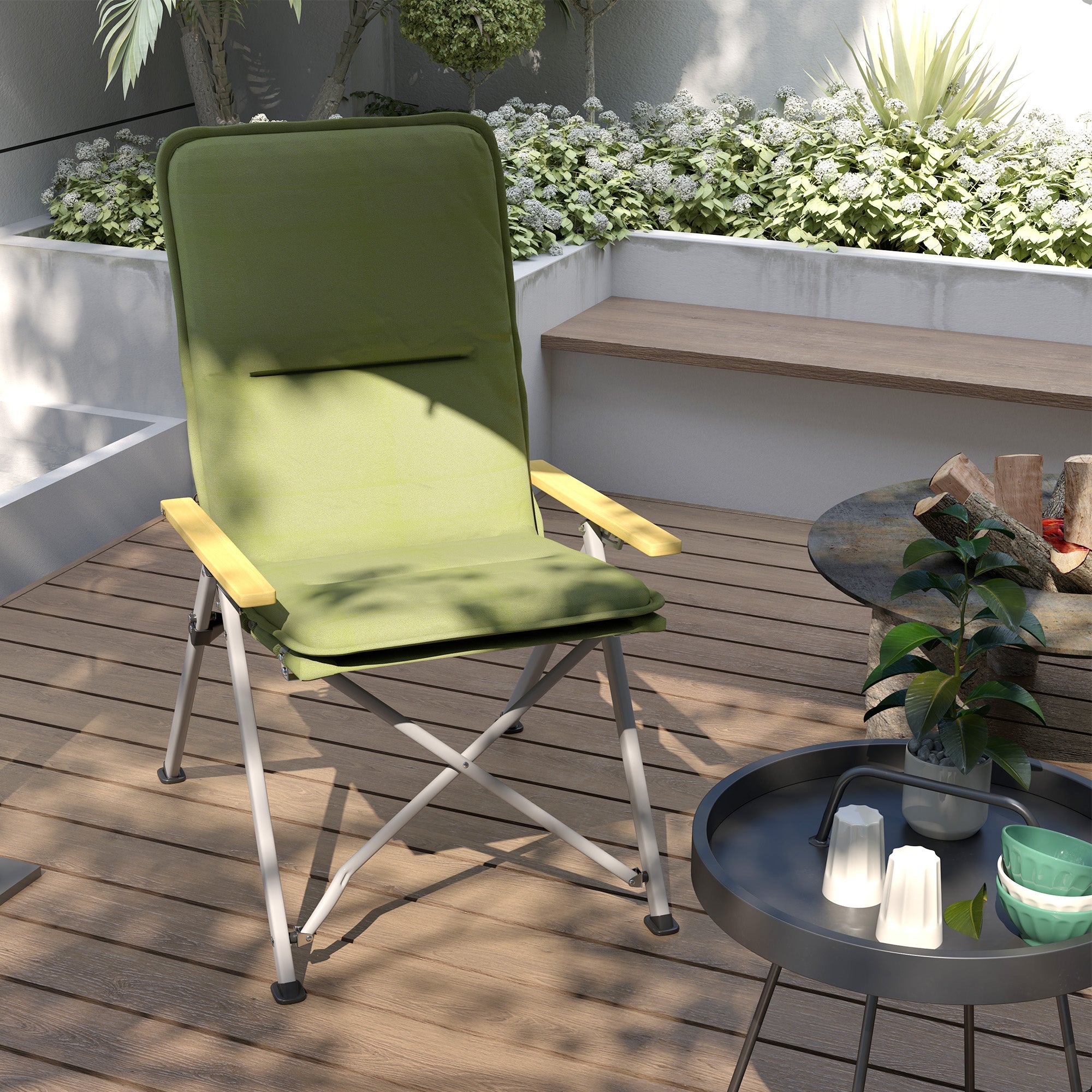 Outsunny Portable Camping Chair for Adults, High Back Folding Chair with Padded Seat and Carry Bag, Outdoor Recliner for Hiking, Fishing, Beach and Picnic, Green