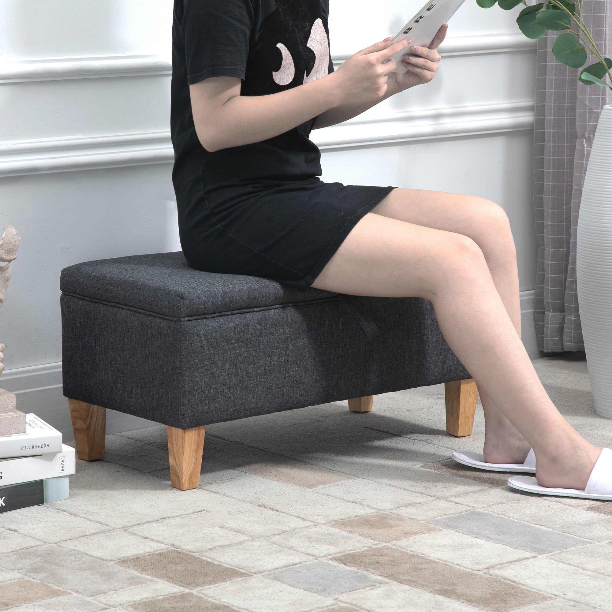 HOMCOM Linen Storage Ottoman Padded Footstool with Rubberwood Legs for Storage Box, Bed End, Shoe Bench, Seating, Dark Grey
