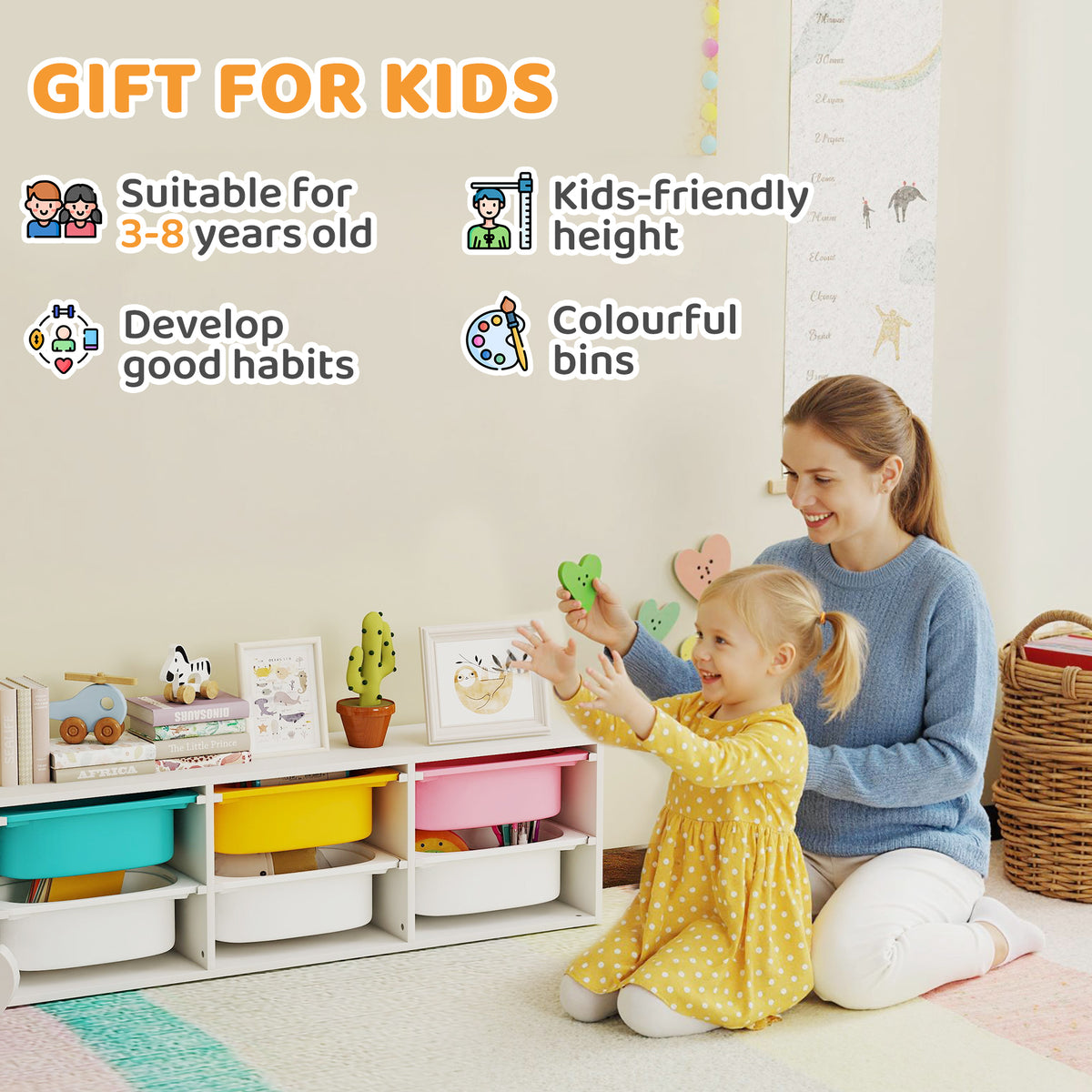 AIYAPLAY Low Height 2 Tiers Storage Organiser, Kids Toy Storage Unit with 6 Removable Bins for Bedroom, Nursery, Playroom
