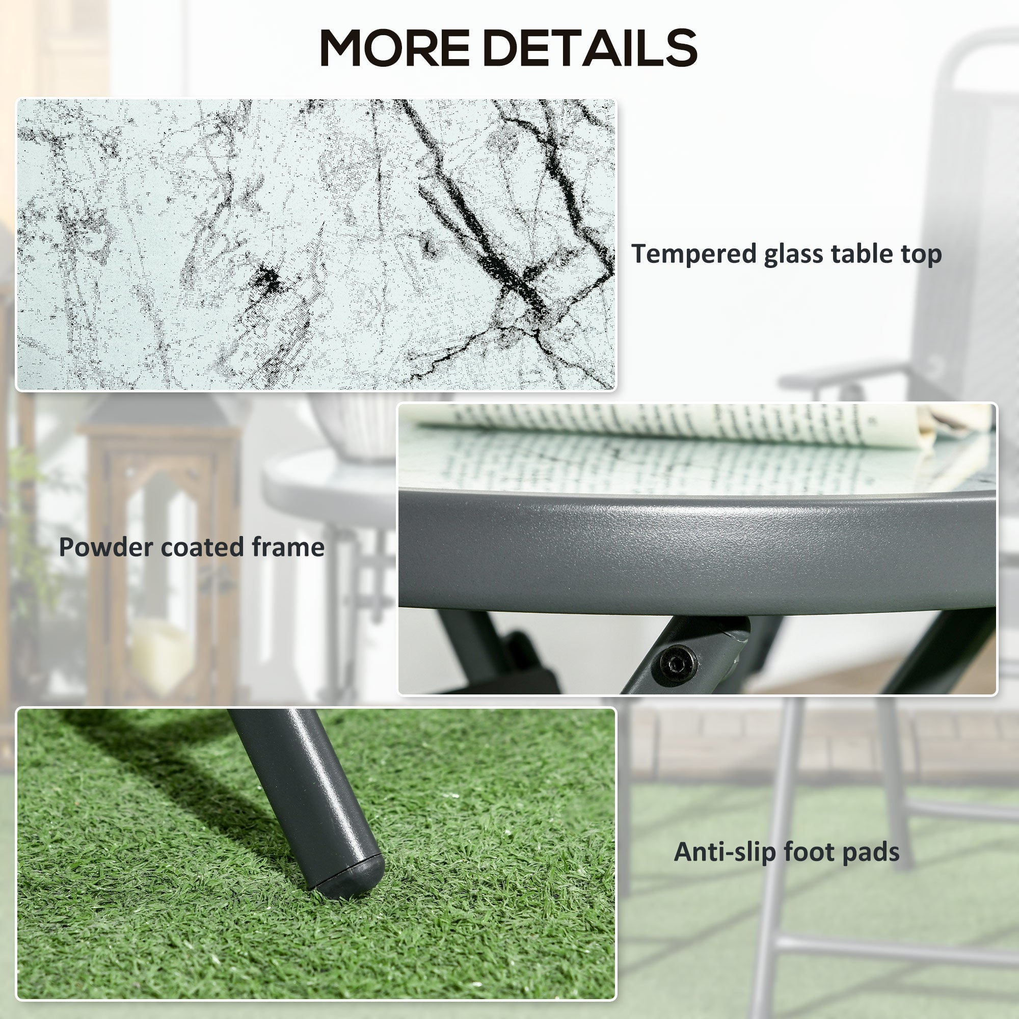 Outsunny \'ce\'a645cm Garden Side Table, Outdoor Round Folding Patio Table with Imitation Marble Glass Top, Small Coffee Table, White