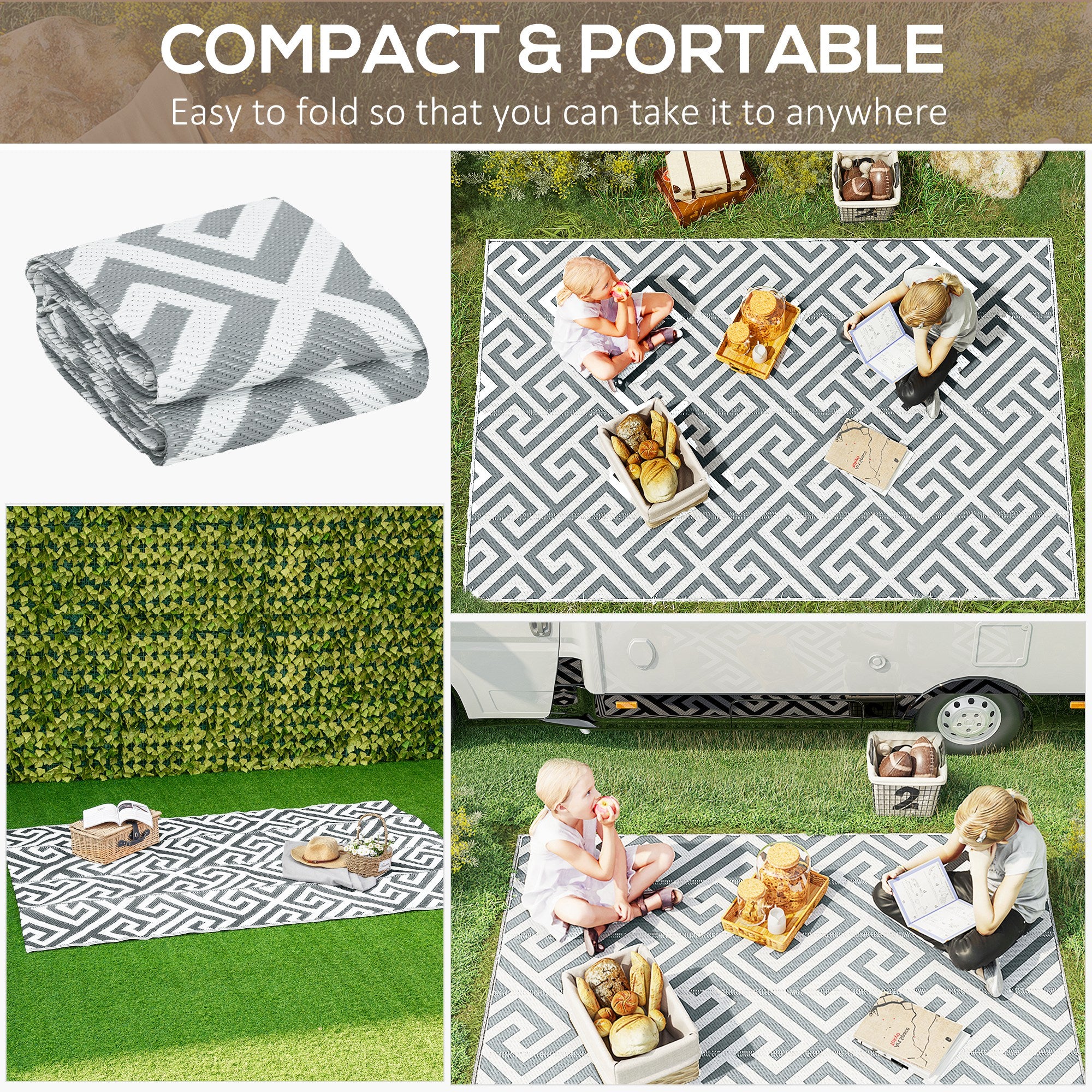 Outsunny Outdoor Rug Reversible Mat Plastic Straw Rug Portable RV Camping Mat for Garden Picnic Indoor, 152x243cm, Light Grey