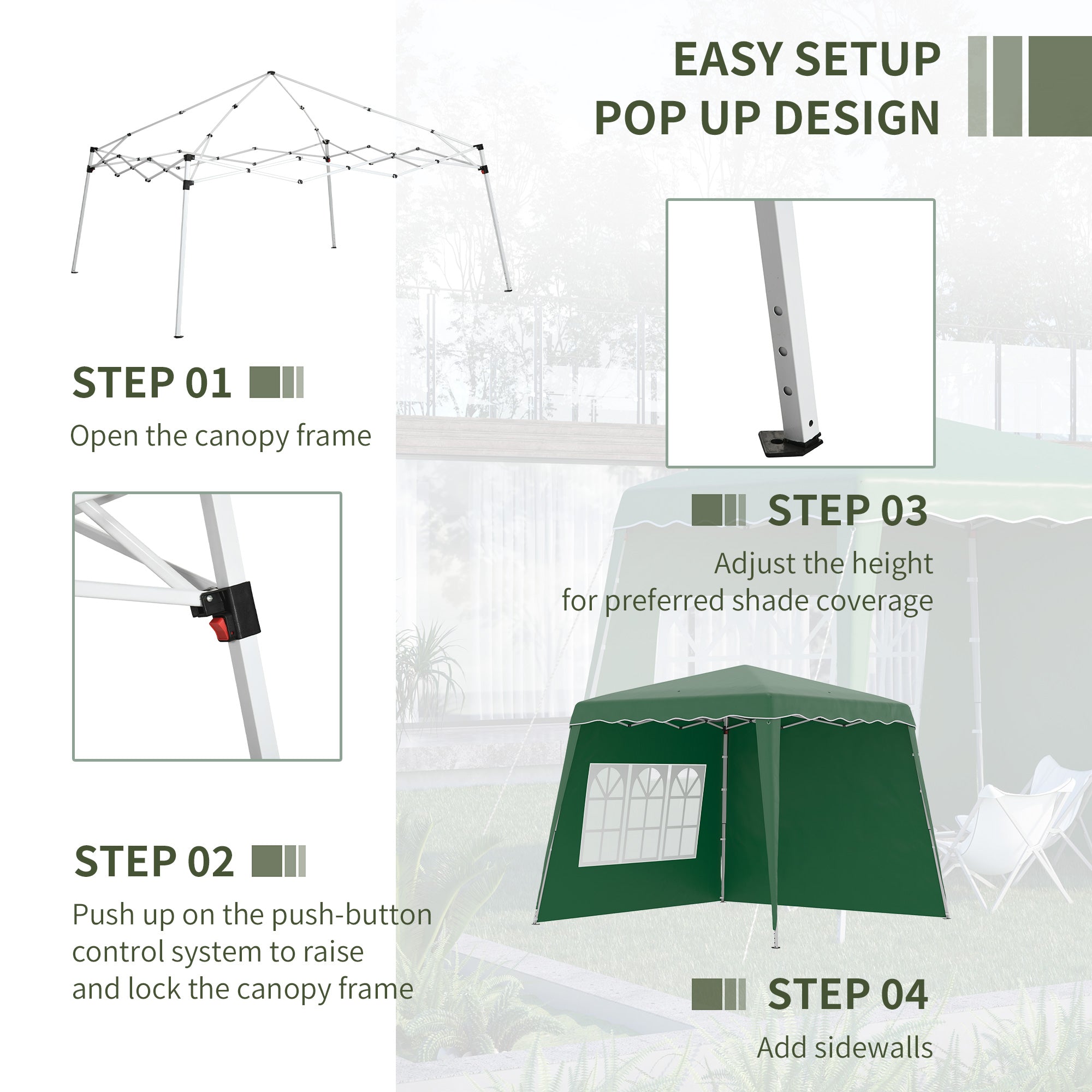 Outsunny 2.9 x 2.9m Pop Up Gazebo Canopy Tent with 2 Sidewalls and Carry Bag, Height Adjustable, UV50+ Party Tent Event Shelter for Garden, Patio, Green