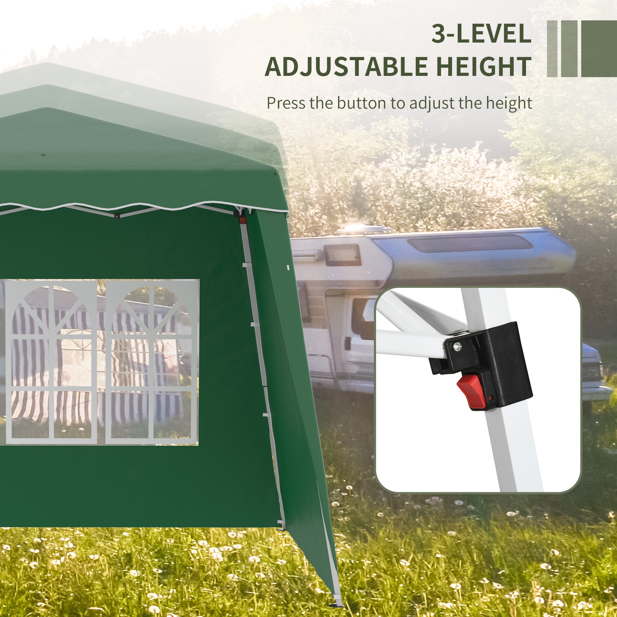 Outsunny 2.9 x 2.9m Pop Up Gazebo Canopy Tent with 2 Sidewalls and Carry Bag, Height Adjustable, UV50+ Party Tent Event Shelter for Garden, Patio, Green