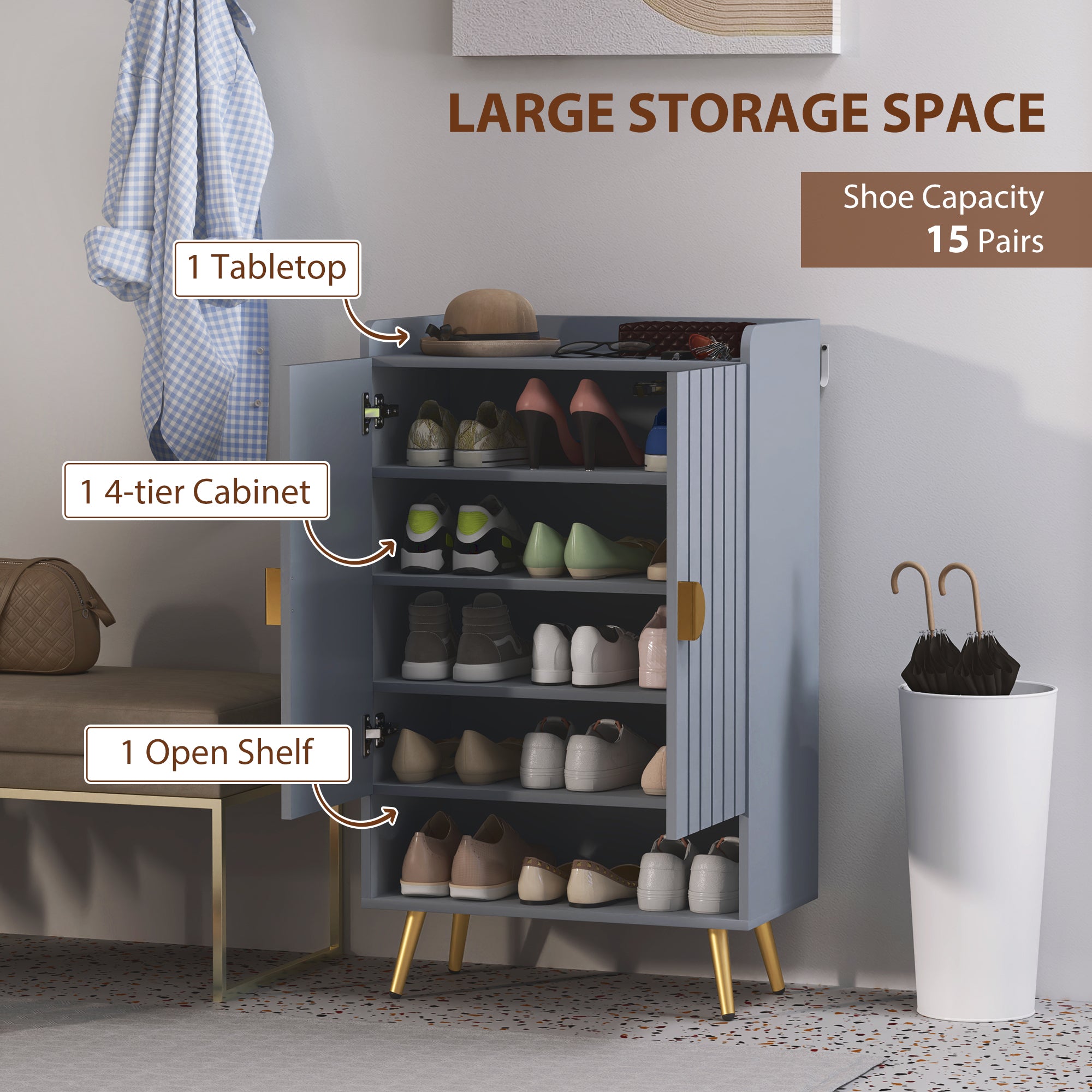 HOMCOM Modern Shoe Cabinet with 2 Doors, Open Shelf and Adjustable Shelves, 15 Pair Hallway Shoe Cupboard, Entryway Storage Unit, Light Grey