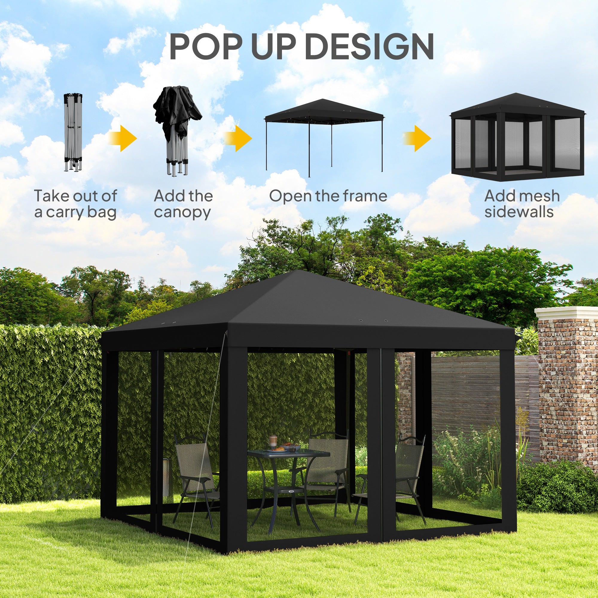 Outsunny 3 x 3\'c2\'a0m Pop Up Gazebo, 420D Garden Tent Canopy with Removable Mesh Sidewall Netting, Carry Bag for Garden Patio Outdoor, Black