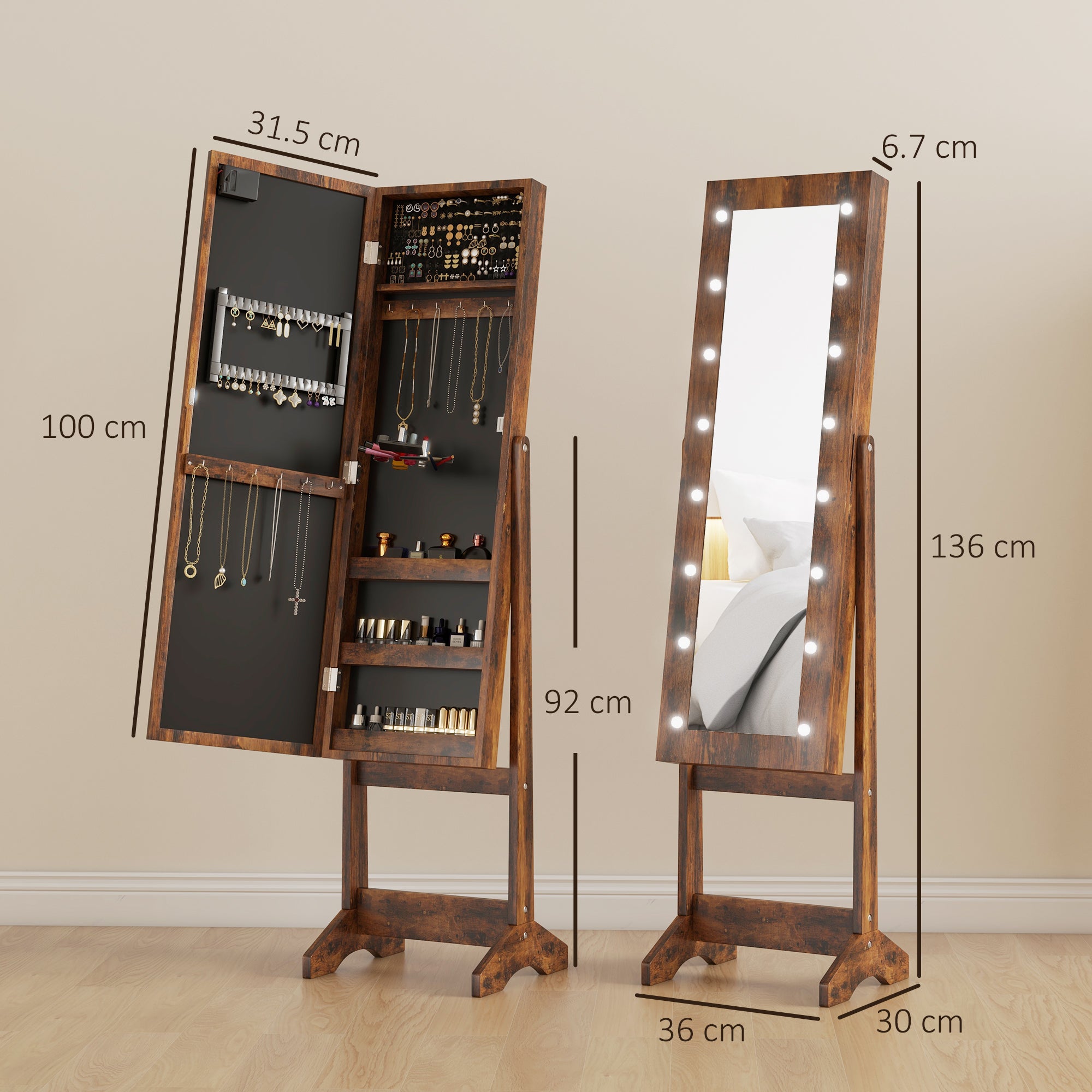 HOMCOM Free Standing Mirror Jewelry Cabinet with LED Lights, Jewellery Organiser with 3 Angle Adjustable, Full-Length Mirror with Storage for Earrings, Necklaces, Rings and Lipsticks, Rustic Brown
