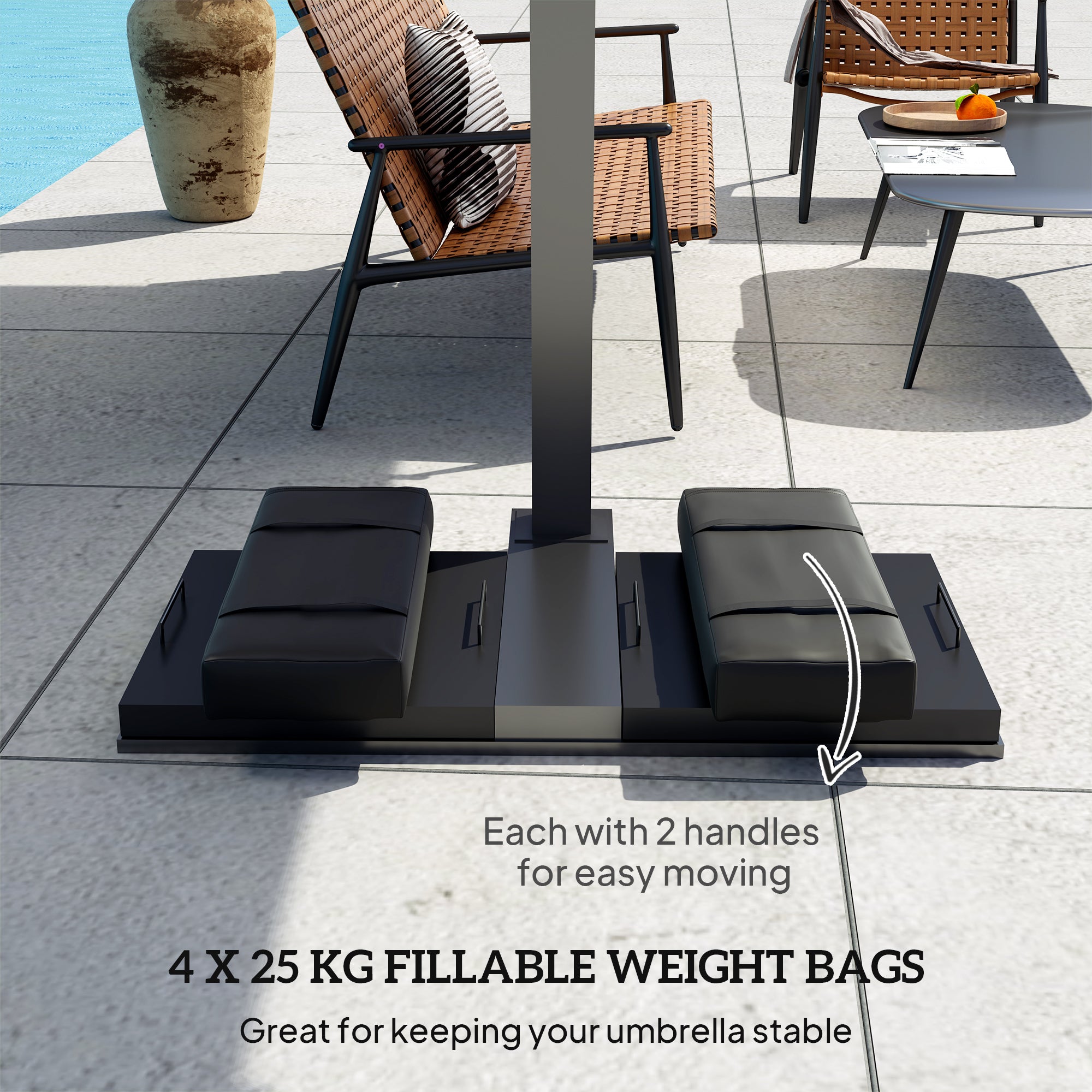 Outsunny Parasol Weights Set of 4, Parasol Base Weights Bags, 25kg Fillable Sandbag Weights with Handles, Cantilever Umbrella Base Weights, Black