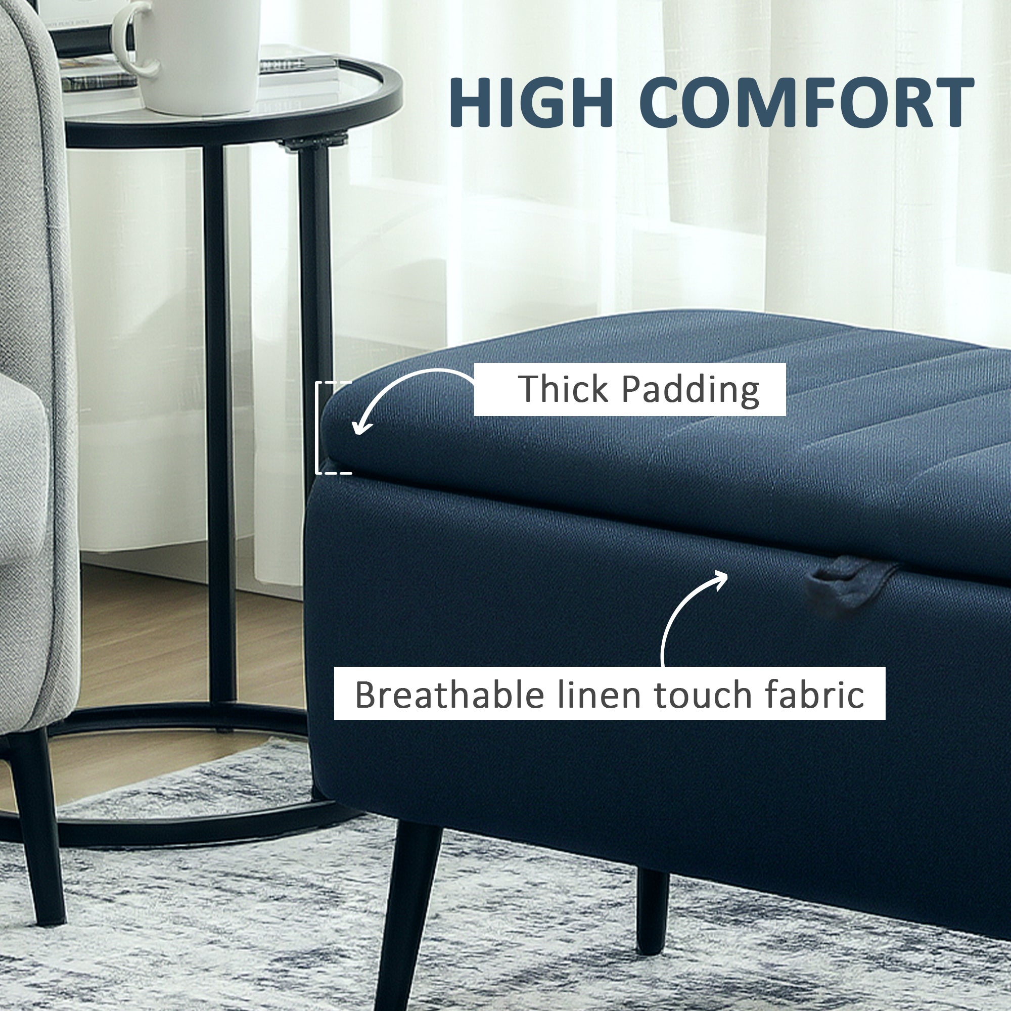 HOMCOM 92 x 31cm Linen-Look Storage Ottoman - Dark Blue