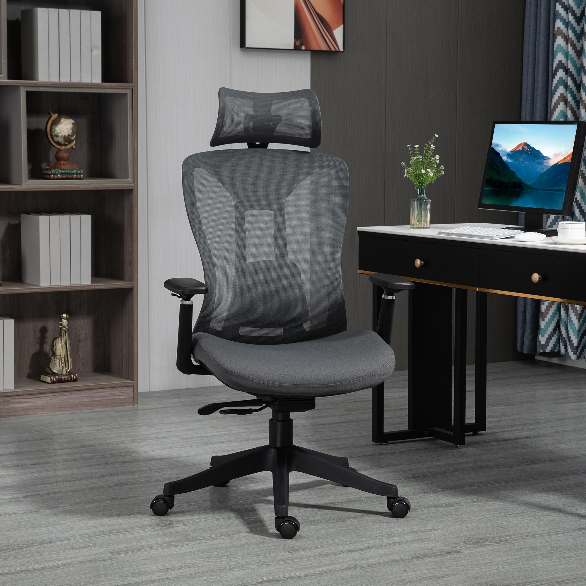 Vinsetto Mesh Office Chair, Ergonomic Desk Chair, Computer Chair with Adjustable Headrest and Lumbar Support, 135\'c2\'b0 Reclining Back and 3D Armrest for Home Office Study, Grey