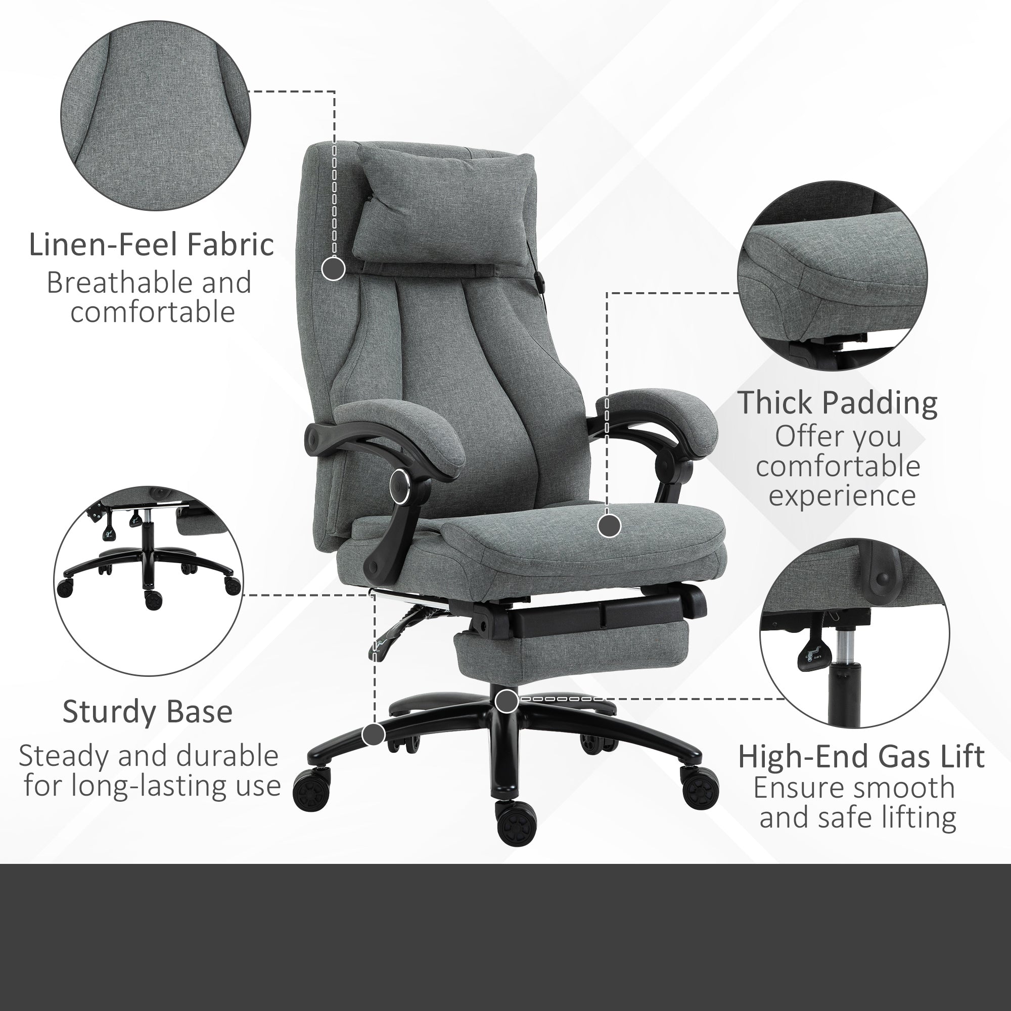 Vinsetto Office Chair, Fabric Desk Chair with Adjustable Massage Pillow, USB Power and Retractable Footrest, High Back, 360\'c2\'b0 Swivel, for Home, Grey