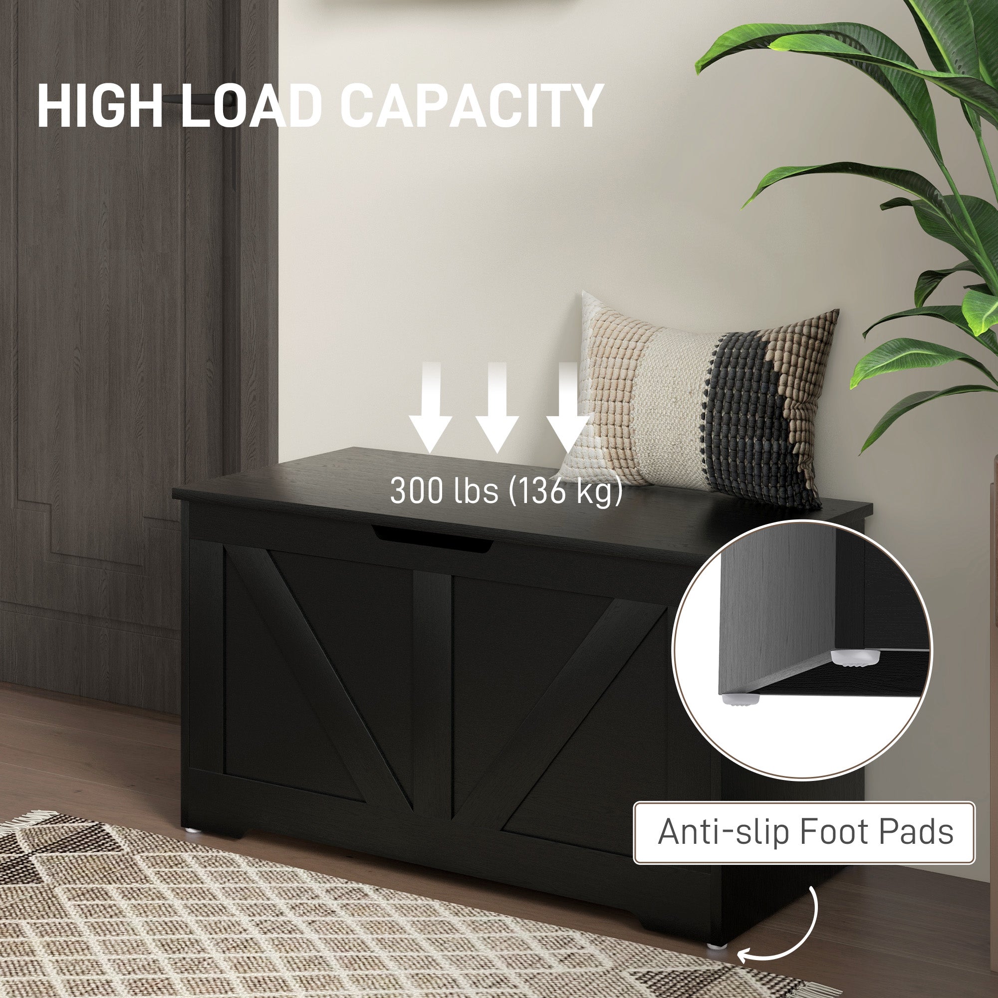 HOMCOM 100L Home Storage Box, with Safety Hinges - Black Wood-Effect