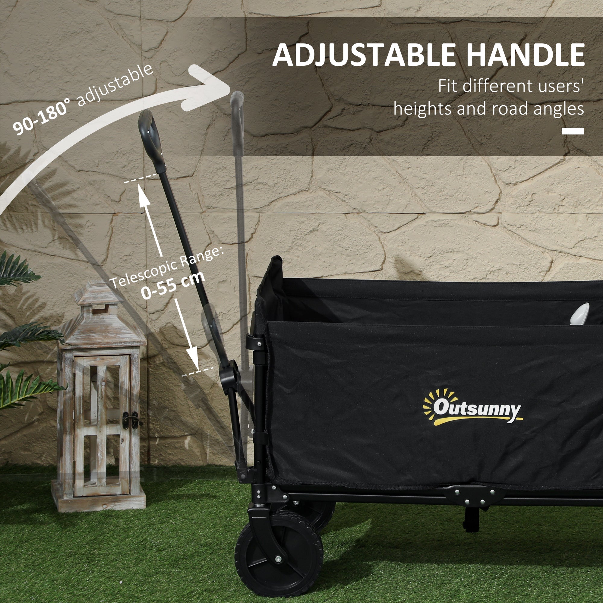 Outsunny 120L Folding Garden Trolley Cart, Outdoor Collapsible Wagon with Wheels and Adjustable Handle for Beach, Camping, Festival, Black