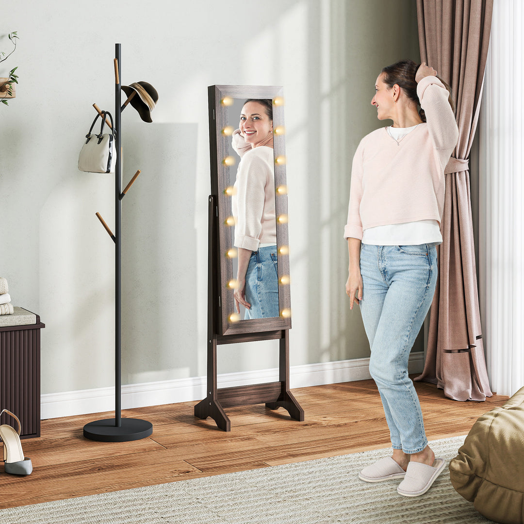HOMCOM Free Standing Mirror Jewellery Cabinet with LED Lights, Jewellery Organiser with 3 Angle Adjustable, Full-Length Mirror with Storage for Earrings, Necklaces, Rings and Lipsticks, Dark Brown