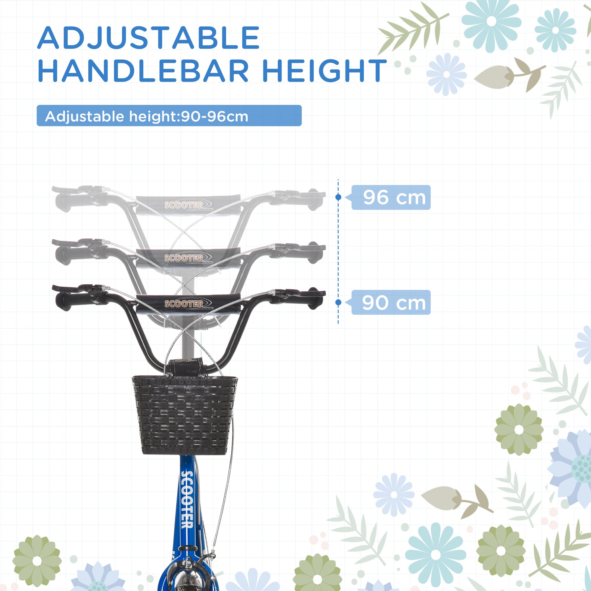 HOMCOM Kids Scooter, Kick Stunt Scooter with Adjustable Handlebar, Dual Brakes, Basket, Cupholder, Mudguard, 16" Inflatable Rubber Wheels, for 5-12 years, Blue