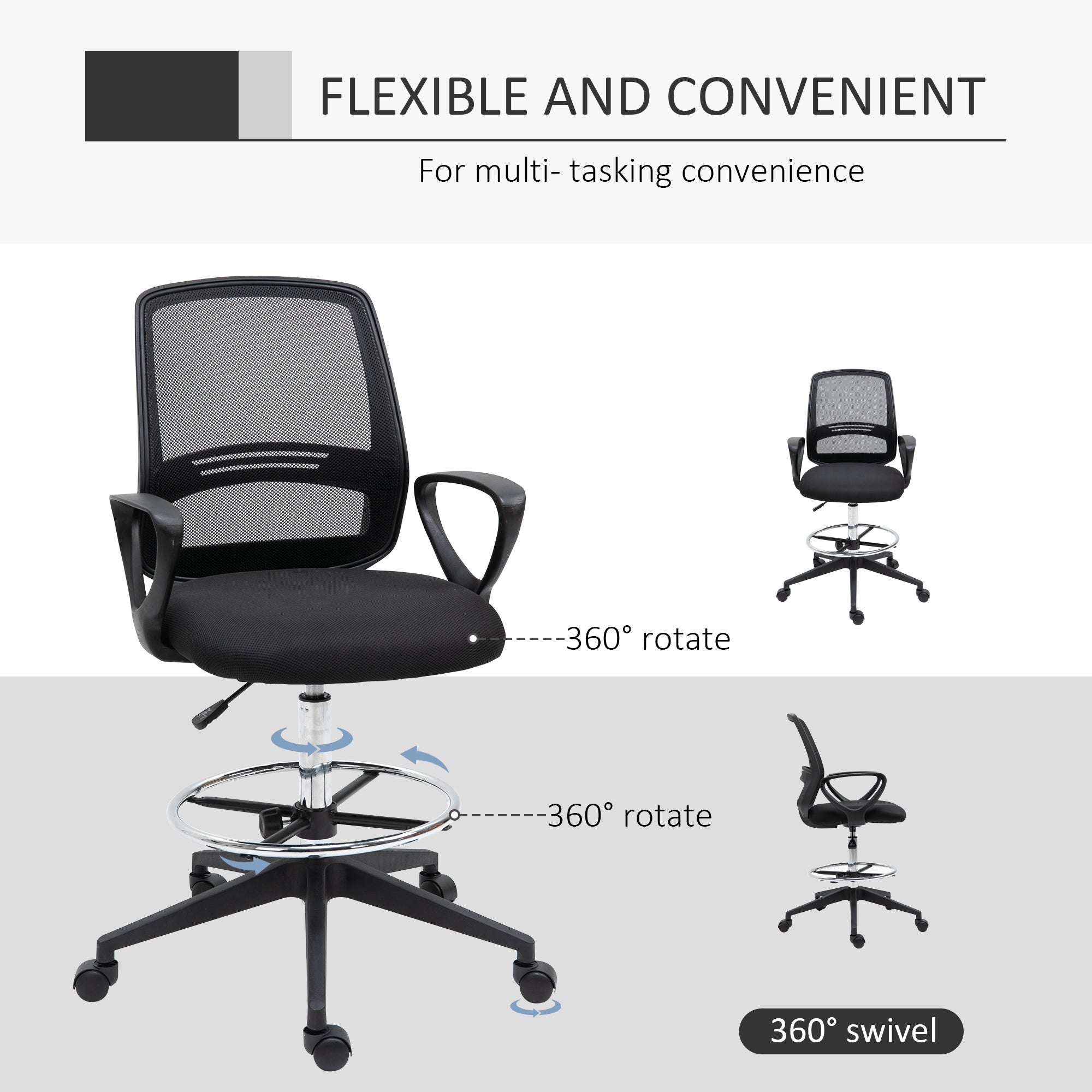 Vinsetto Ergonomic Mesh Back Drafting Chair, Tall Office Chair, Draughtsman Chair with Adjustable Height and Footrest 360\'c2\'b0 Swivel, Set of 5