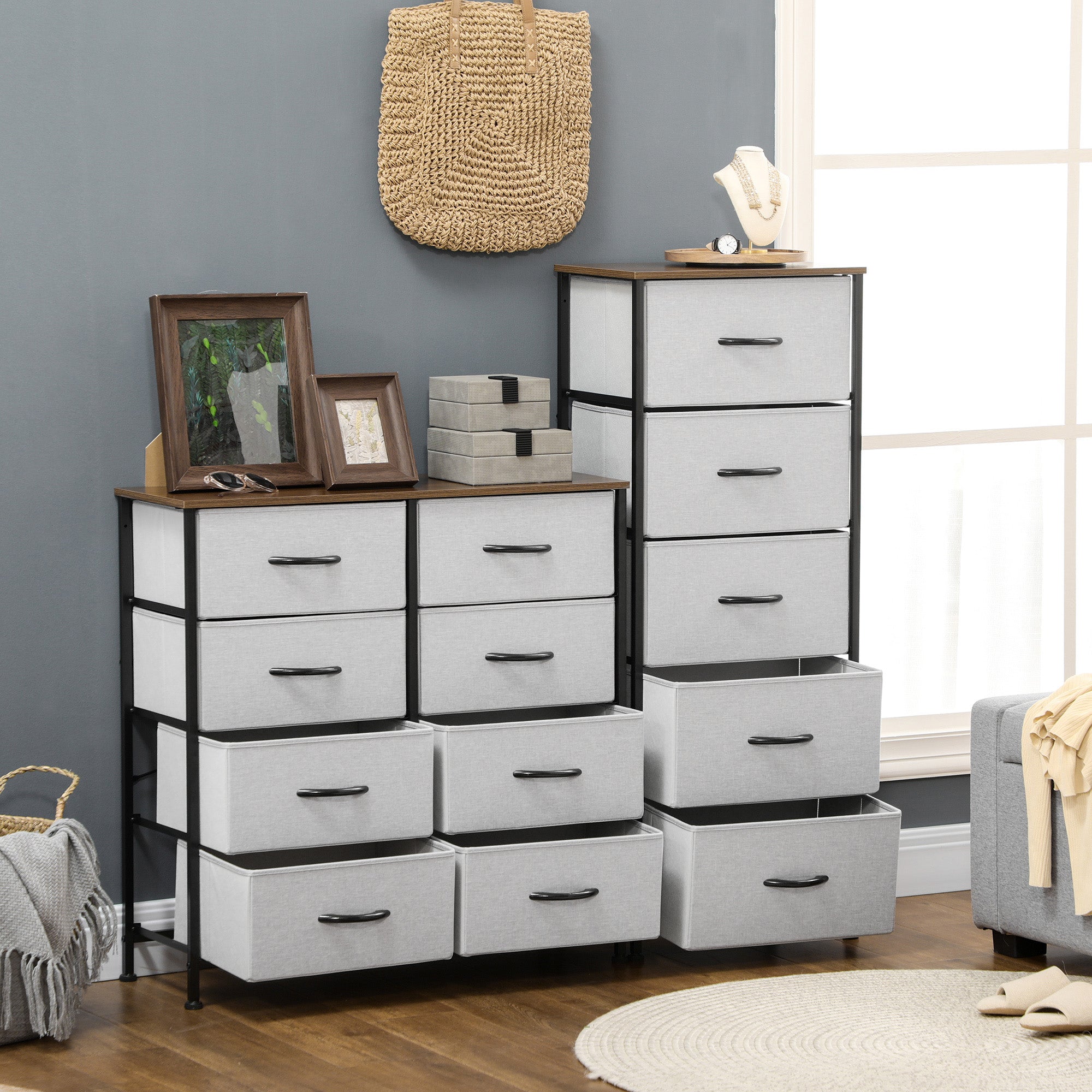 HOMCOM Fabric Chest of Drawers, Industrial Storage Bedroom Dresser with 8 Fabric Drawers, Steel Frame and Wooden Top for Nursery, Living Room, Hallway, Grey