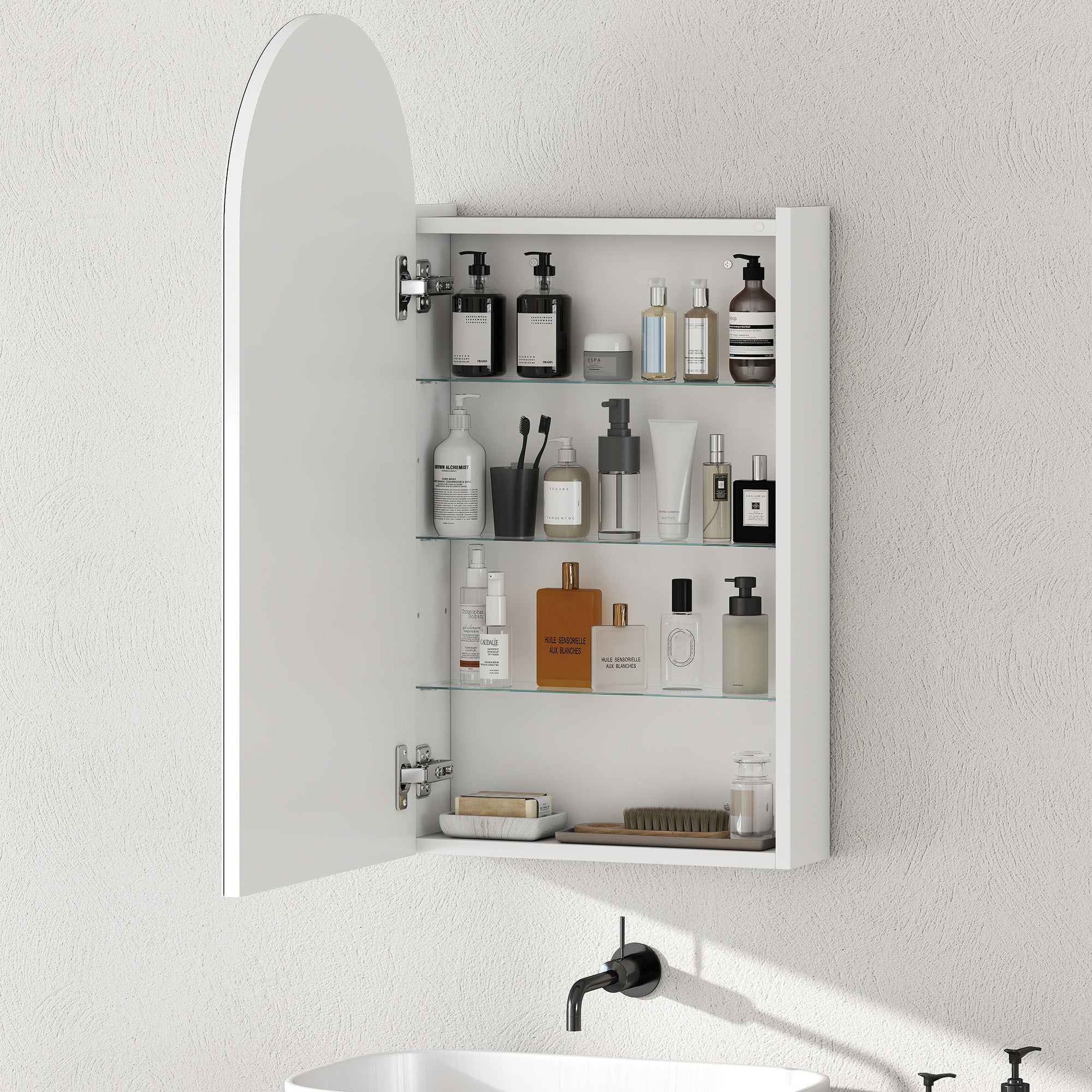 HOMCOM Arched Bathroom Mirror Cabinet with Adjustable Glass Shelves - White