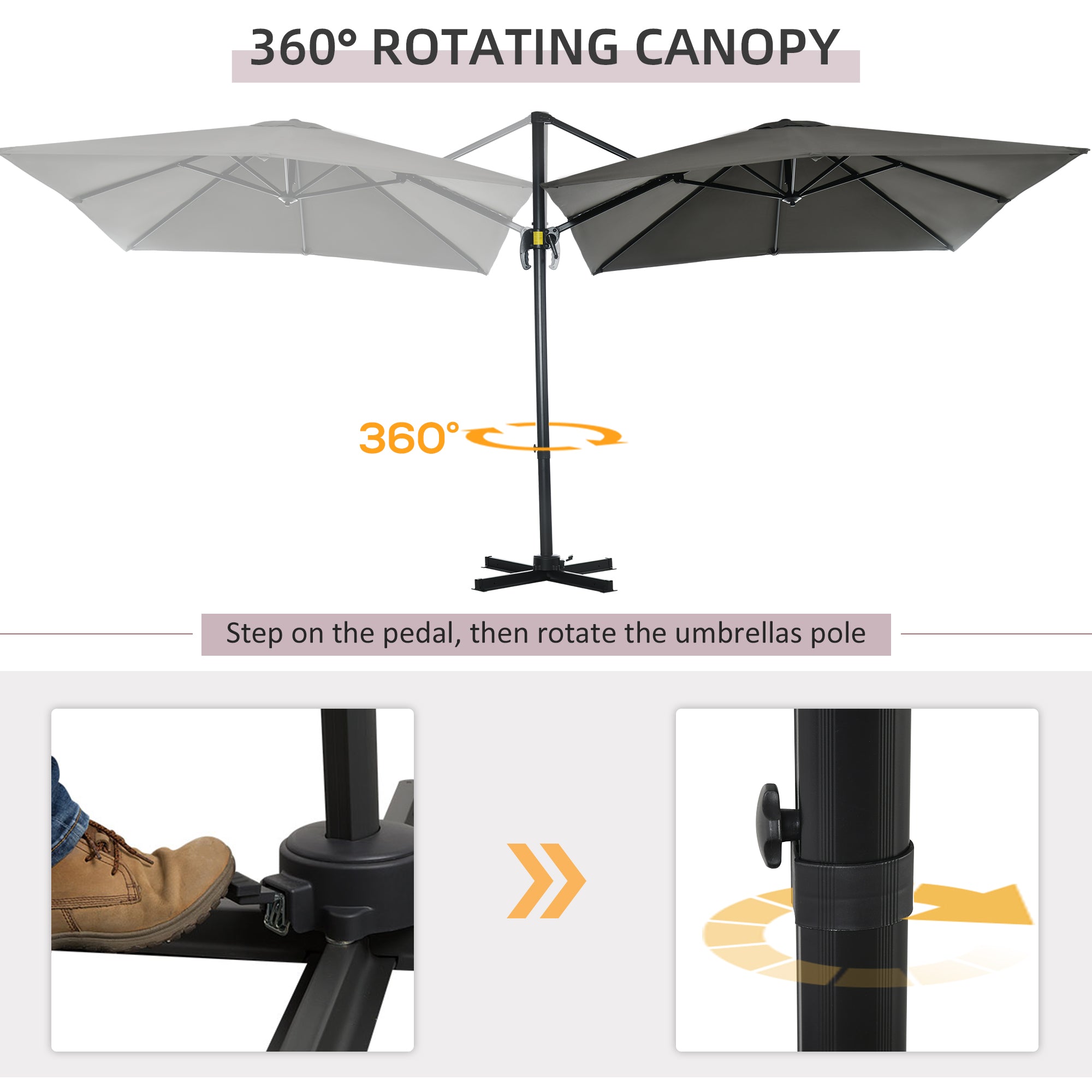 Outsunny 2.5 x 2.5m Patio Offset Parasol Umbrella Cantilever Hanging Aluminium Sun Shade Canopy Shelter 360\'c2\'b0 Rotation with Crank Handle and Cross Base, Grey