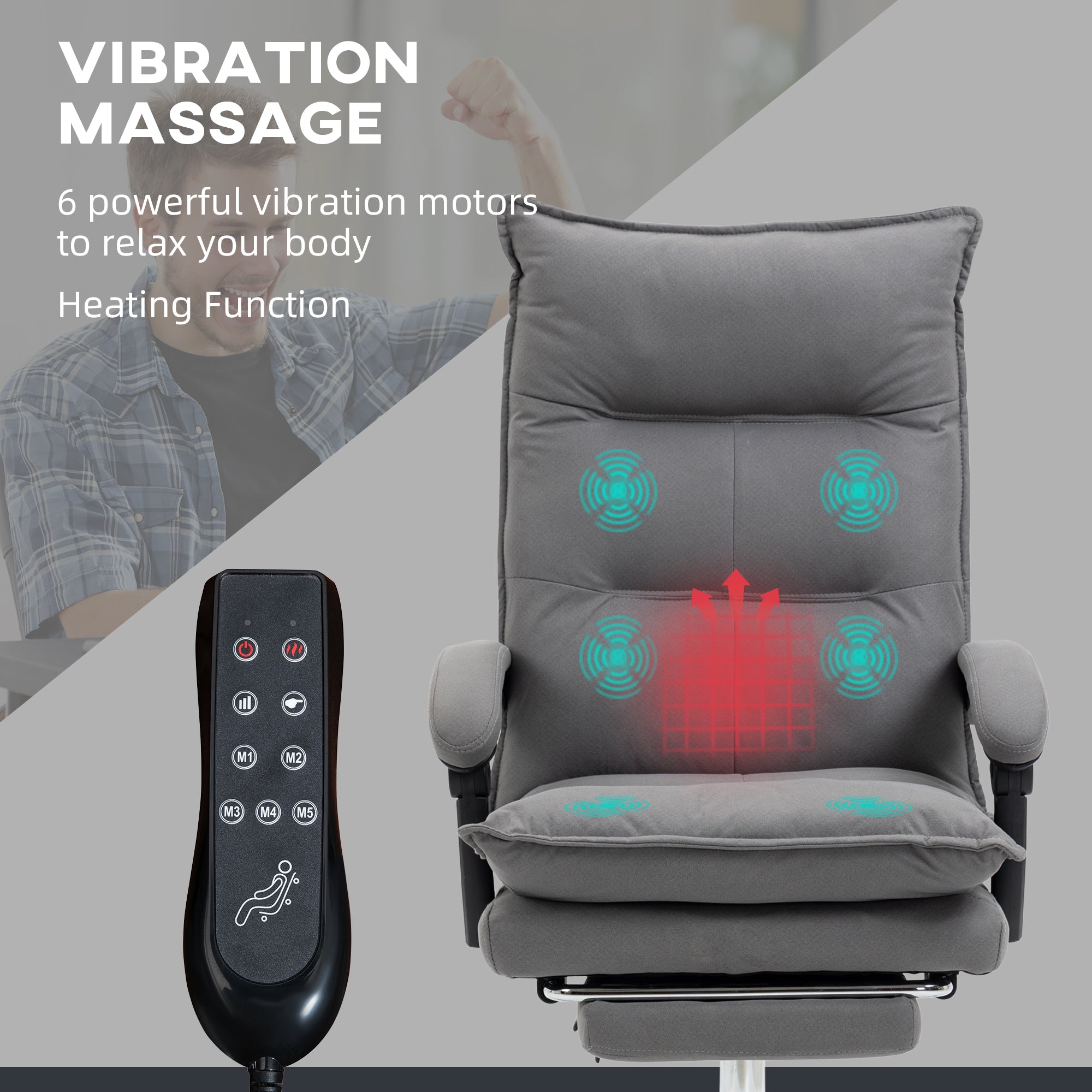 Vinsetto Massage Office Chair with Footrest, Desk Chair with 6 Point Massage and Heat, 155\'c2\'b0 Reclining Back for Home, Thick Padding, Grey