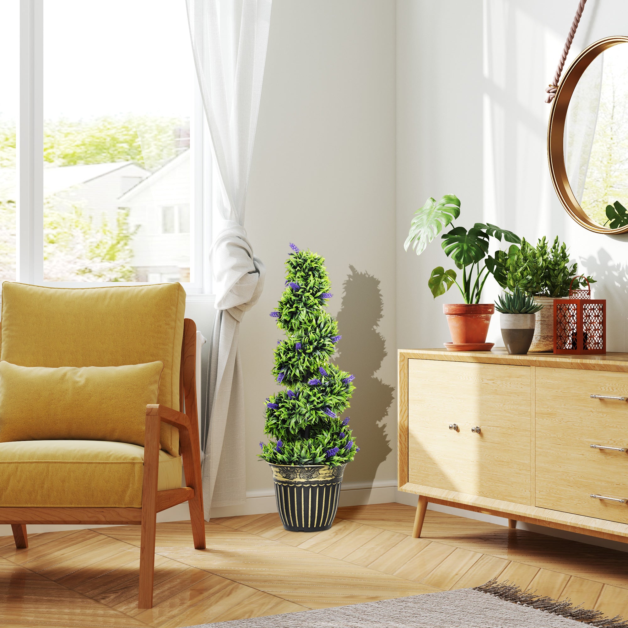 HOMCOM Set of 2 Decorative Artificial Plants, Boxwood Spiral Topiary Tree with Lavender and Pot, Fake Plants for Home Indoor Outdoor Decor, 90cm