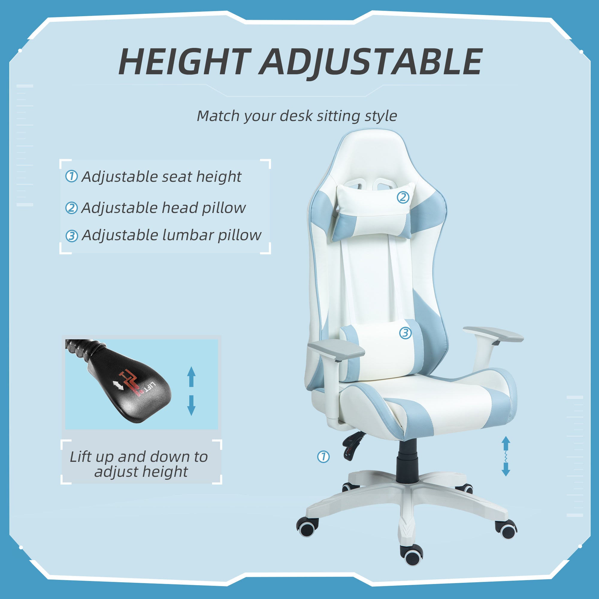 HOMCOM Faux Leather Colour Block Gaming Chair, with 135\'c2\'b0 Reclining Back - Blue/White