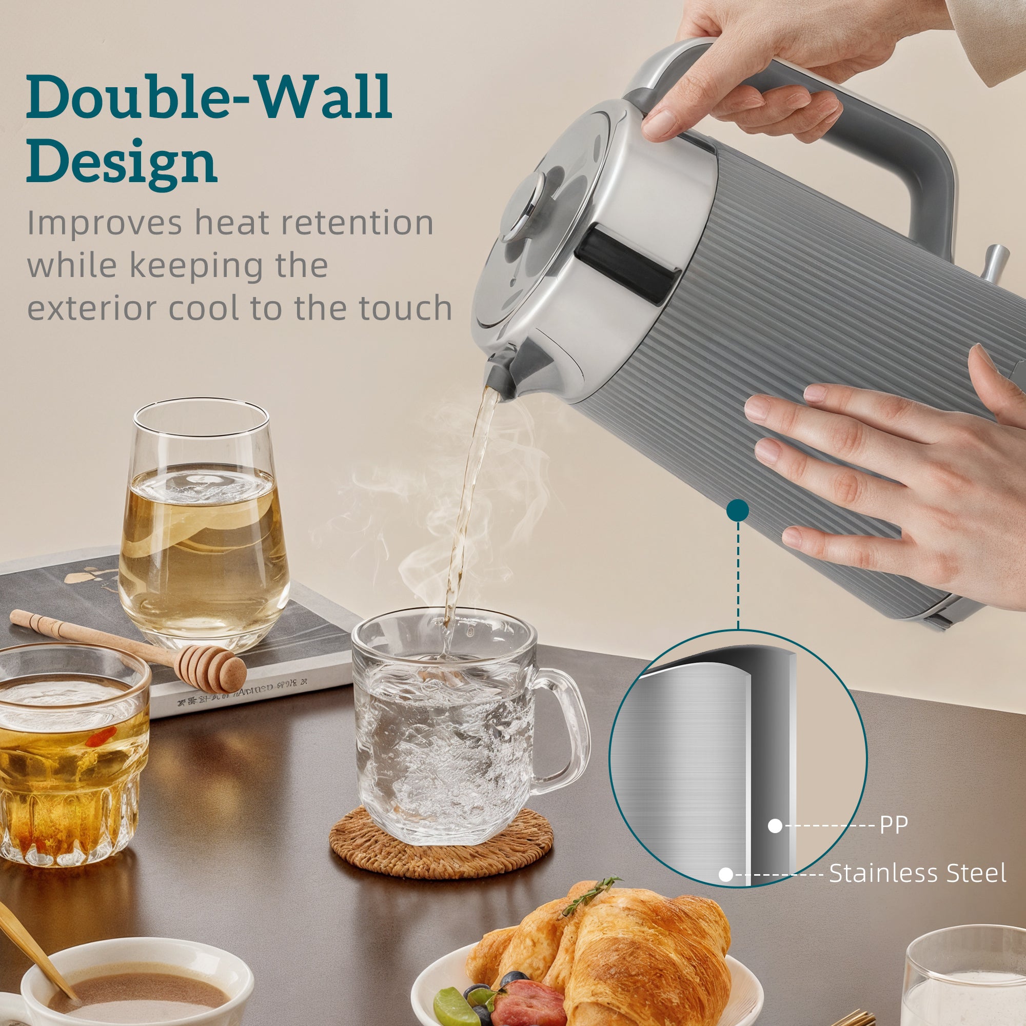 HOMCOM Electric Stainless Steel Kettle and Toaster Set, 3000W 1.7L UK Strix Thermostat Fast Boil Kettle w/ Limescale Filter, Cool Touch Body, 4 Slice Toaster with 7 Browning Levels, Crumb Tray, Grey