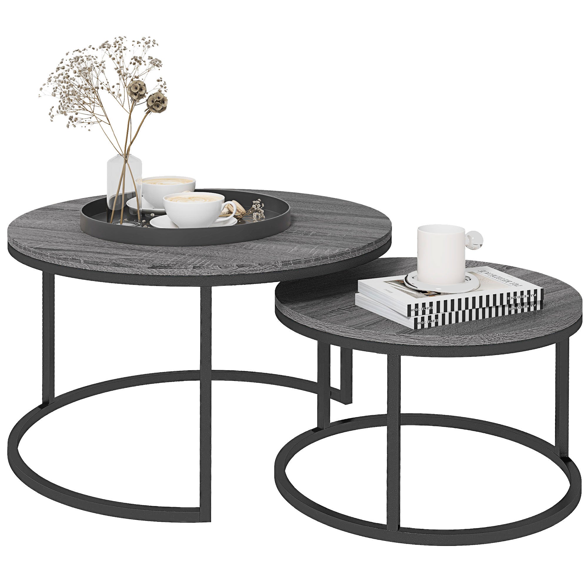 HOMCOM Set of Two Marble-Effect Stacking Tables - Wood Grey