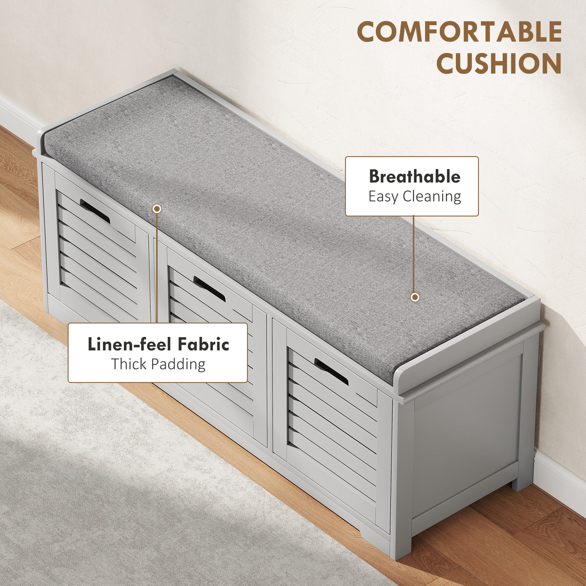 HOMCOM 3-Drawer Shoe Storage Bench - Grey