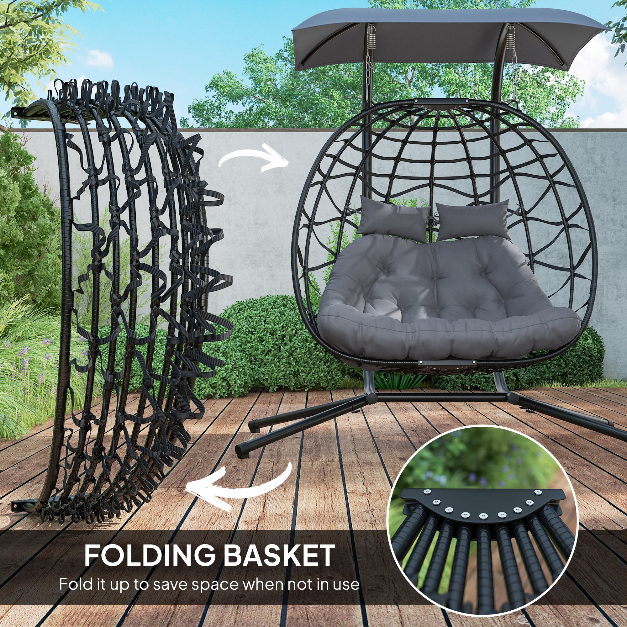 Outsunny Rattan Double Hanging Egg Chair with Canopy, Foldable Wicker Swing Egg Chair with Cushion, Head Pillows, Stand, Steel Frame, Hammock Chair for Indoor Outdoor, Capacity 260 kg, Black