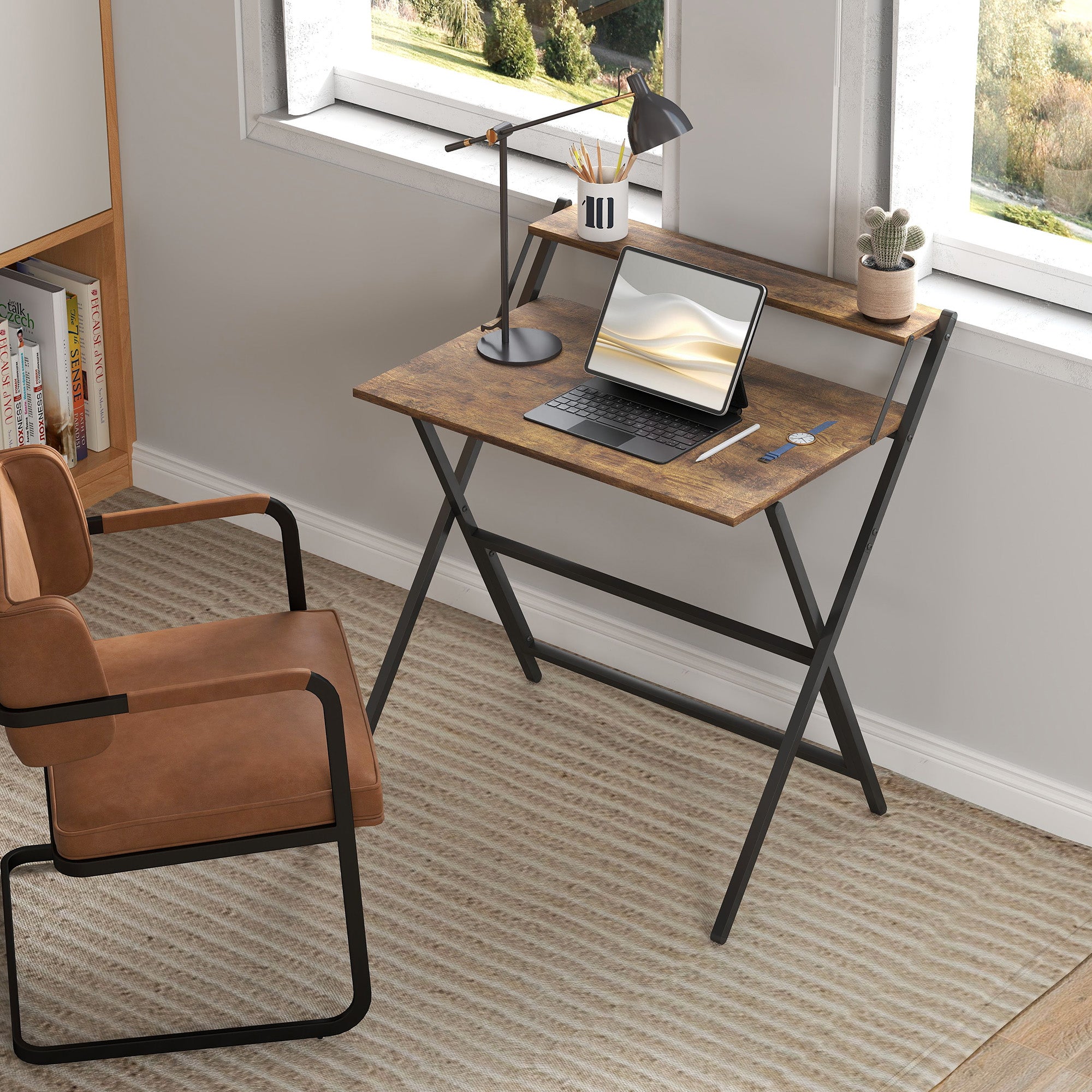 HOMCOM 81.5 cm Folding Computer Desk with Monitor Shelf - Rustic Brown