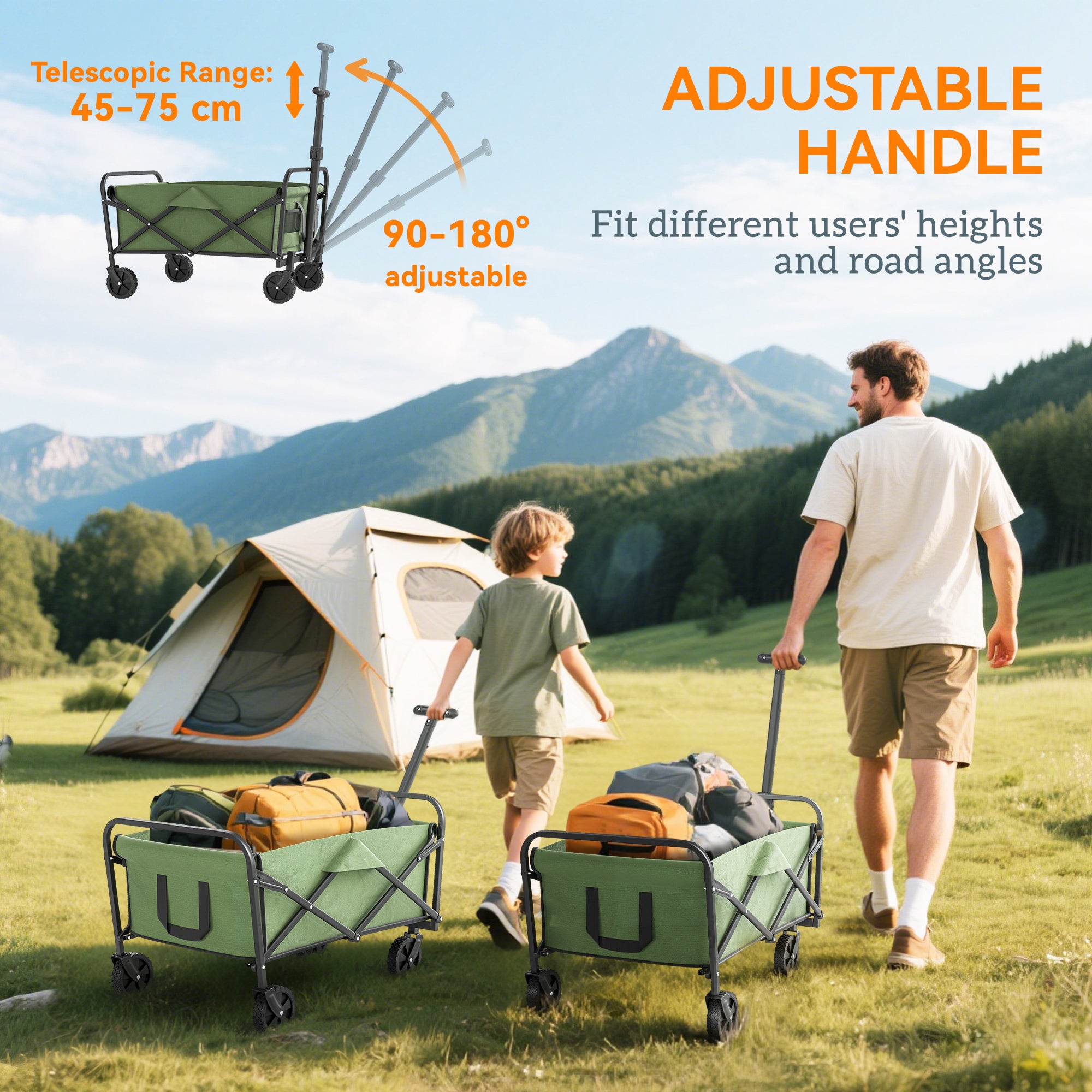 Outsunny 62L Festival Trolley on Wheels, Garden Folding Trolley Cart, 120kg Heavy Duty Collapsible Folding Wagon with Adjustable Handle and Carrying Bag for Beach, Camping, Festival, Green