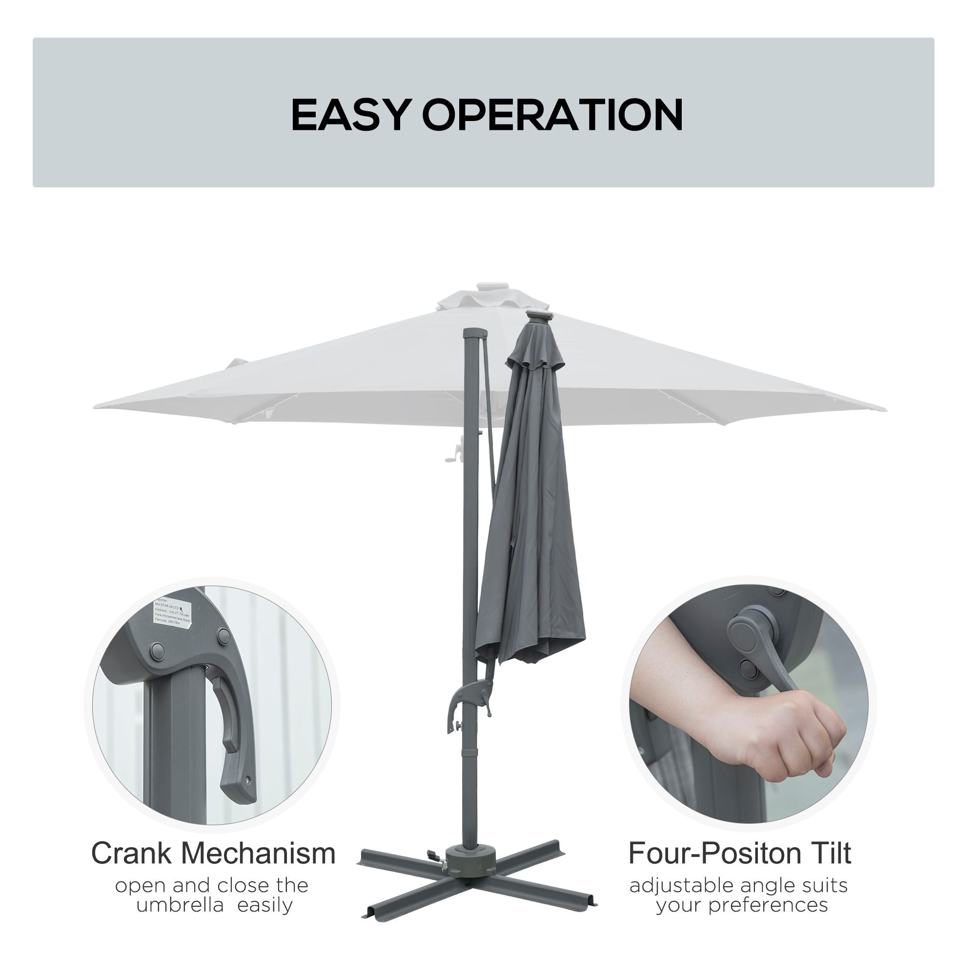 Outsunny 3(m) Cantilever Roma Parasol Patio Sun Umbrella with Crank & Tilt LED Solar Light Cross Base 360\'c2\'b0 Rotating Outdoor, Dark Grey