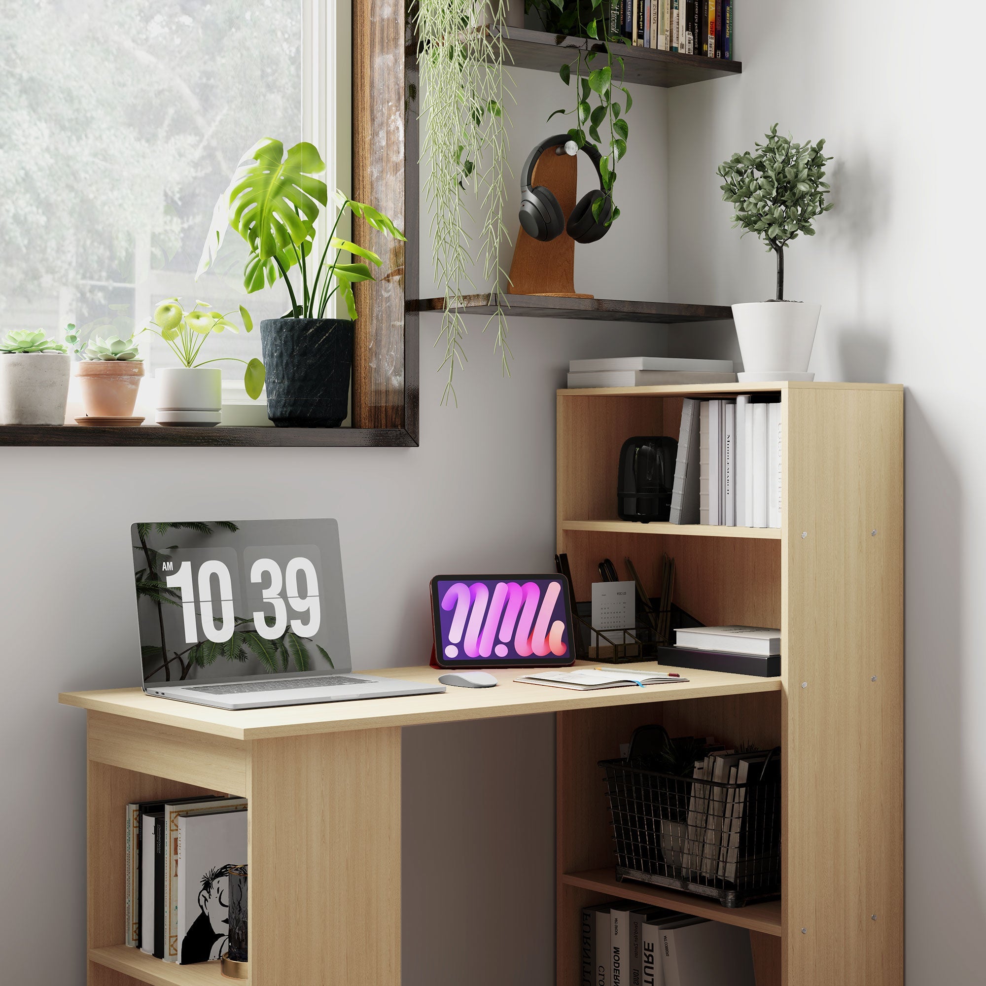 HOMCOM 120cm Modern Computer Desk Bookshelf Study Table Workstation PC Laptop Writing Home Office 6 Shelves, Natural Wood Finish