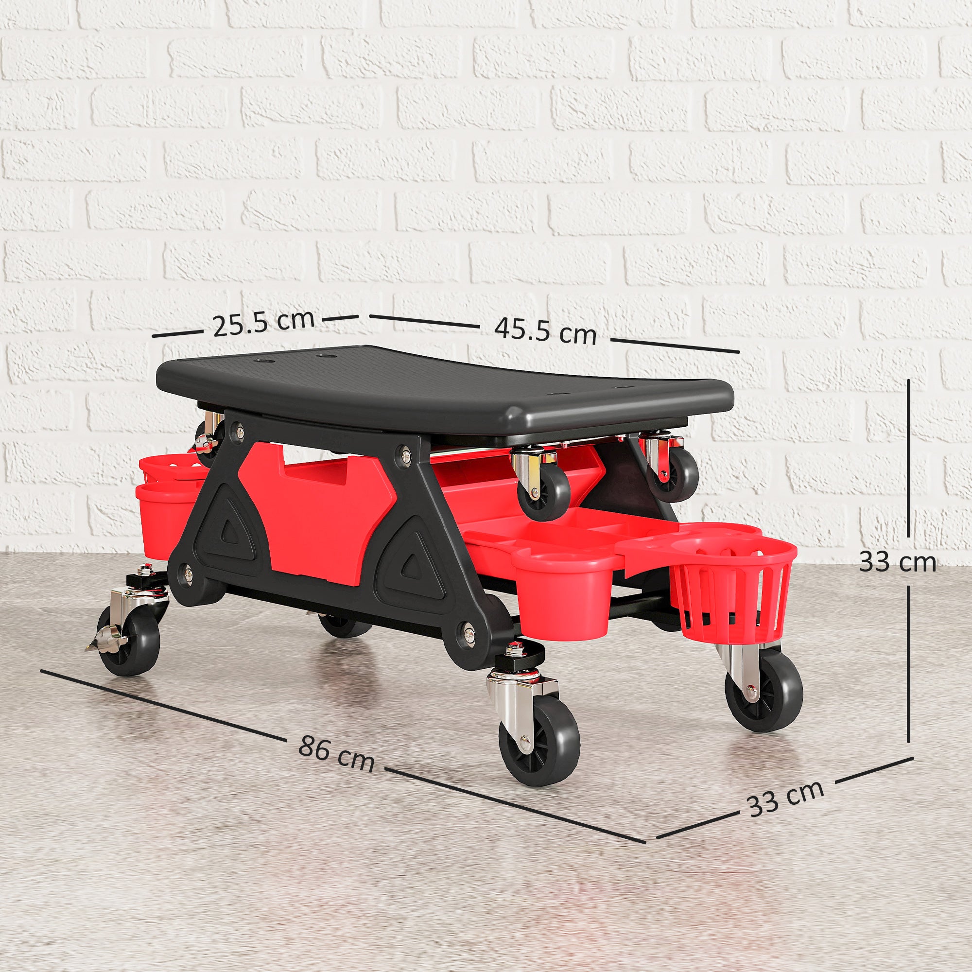 HOMCOM Rolling Mechanic Stool, 135kg Capacity Workshop Stool with 360° Swivel Wheels, Roller Creeper Seat with Slide Out Tool Trays, Drawer, Bottle Holders for Garage, Shop, Auto Repair, Red