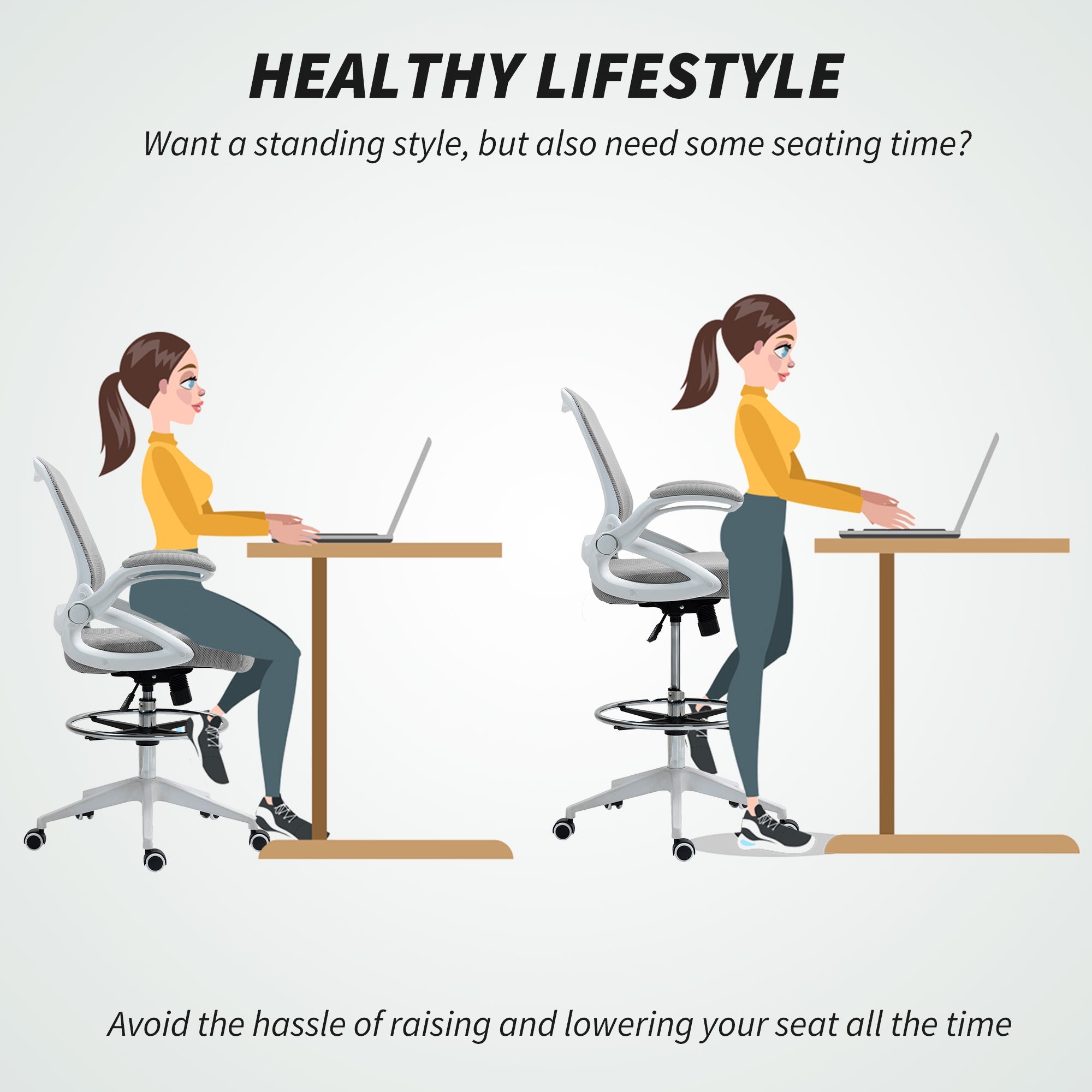 Vinsetto Drafting Chair with Flip-up Armrest, Mesh Office Stool with Foot Ring, 360° Swivel Height Adjustable Chair for Standing Desk, Light Grey