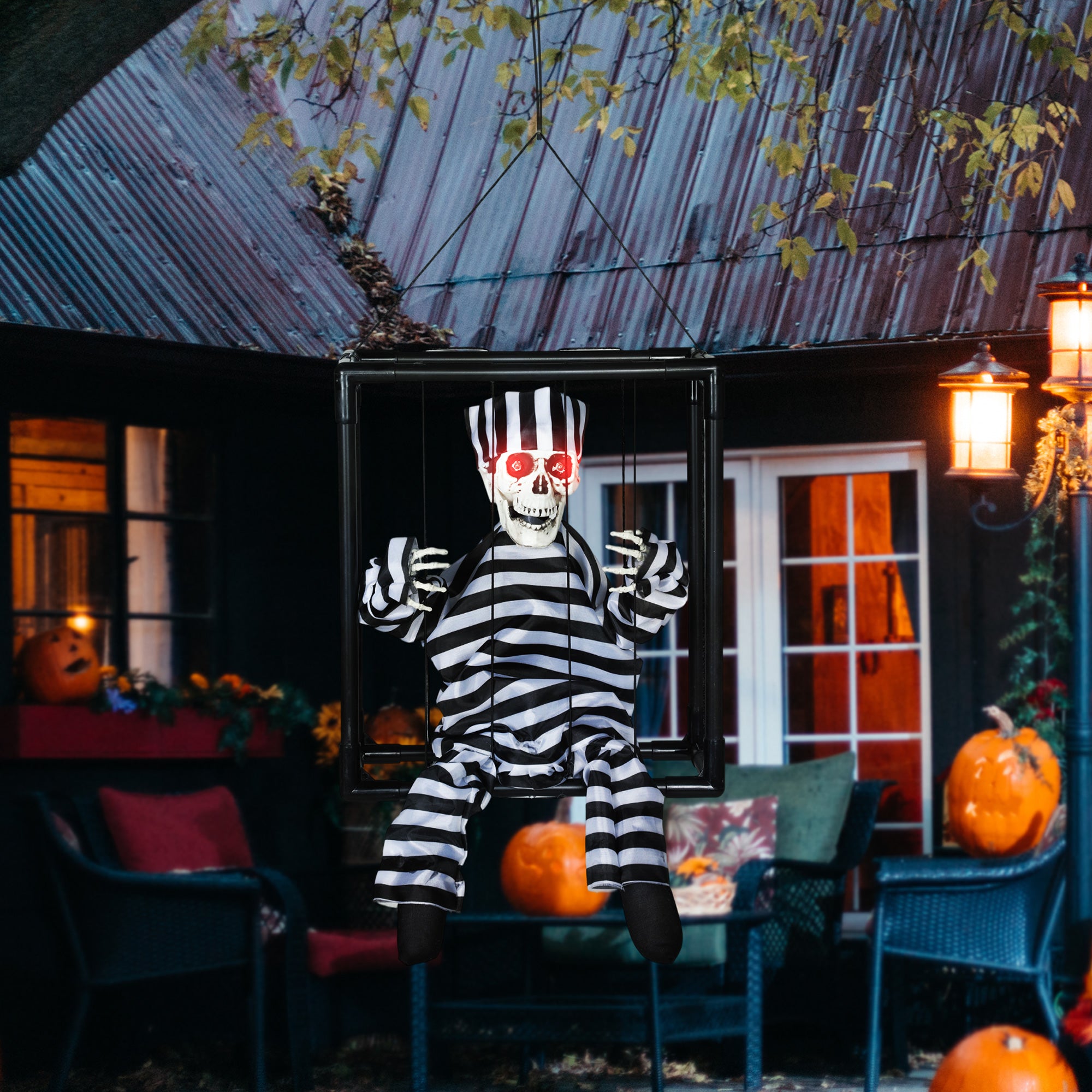 Outsunny Halloween Animated Hinging Skeleton Prisoner in Cage with Glowing LED Eyes, Spooky Skeleton Scary Halloween Decorations, Battery Operated, Indoor Party Props