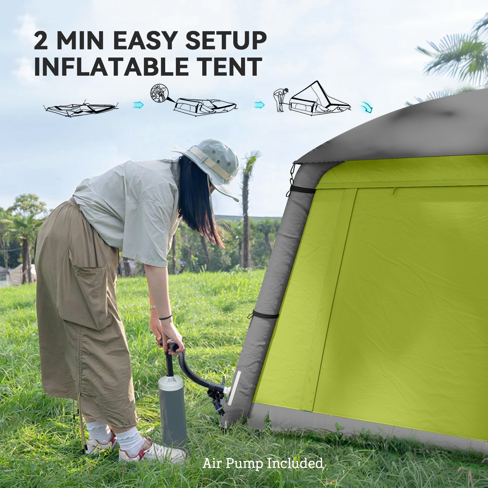 Outsunny Inflatable Camping Tent w/ Hand Pump, Easy Setup 1/2 Person Blow Up Tent Waterproof 190T Taffeta w/ Mesh Windows, Doors and Carry Bag, Green