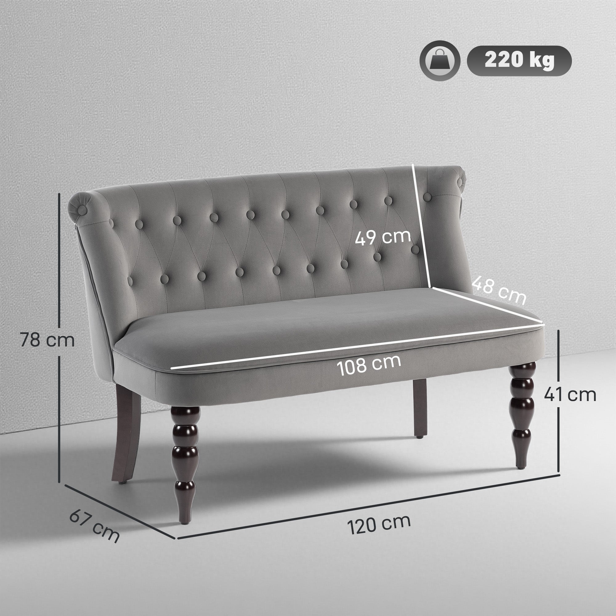 HOMCOM Velvet 2 Seater Sofa, Button Tufted Wingback Loveseat with Rubber Wood Legs for Living Room, Bedroom, Charcoal Grey