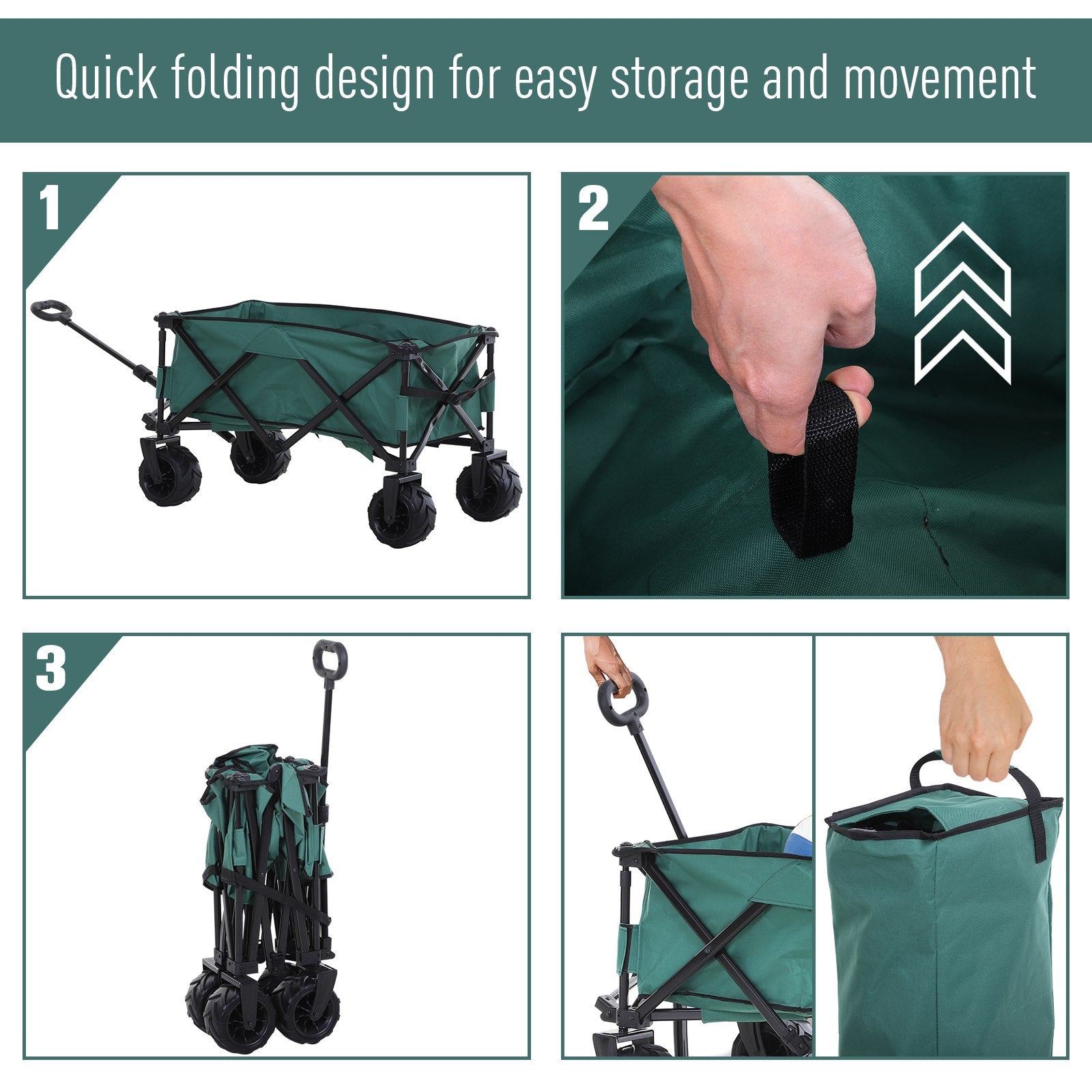 Outsunny 140L Folding Garden Trolley Cart, Festival Trolley on Wheels with Telescopic Handle, Big Wheels for Outdoor Camping Beach, Green