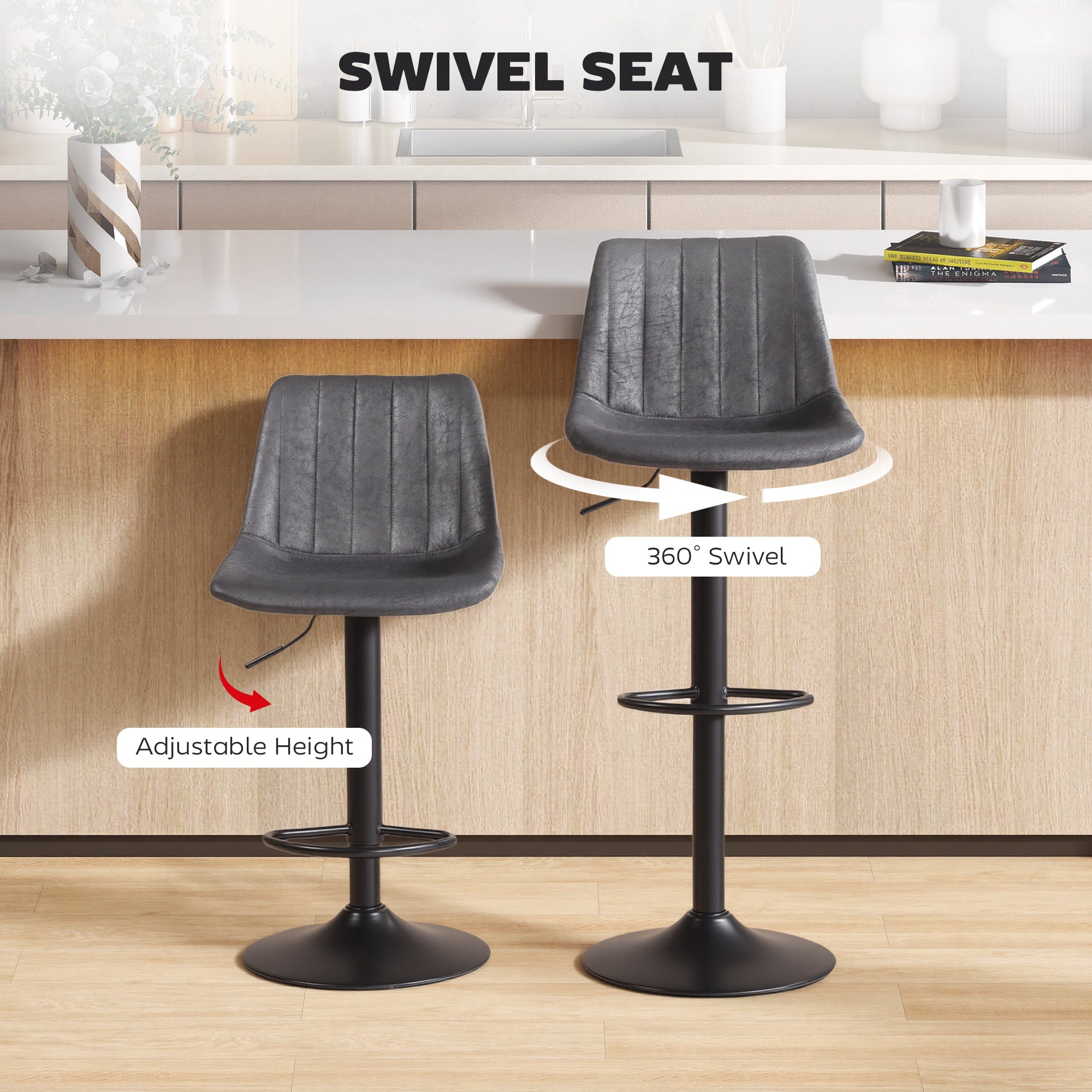 HOMCOM Set of 2 Leathaire Tub Bar Stools - Charcoal Grey