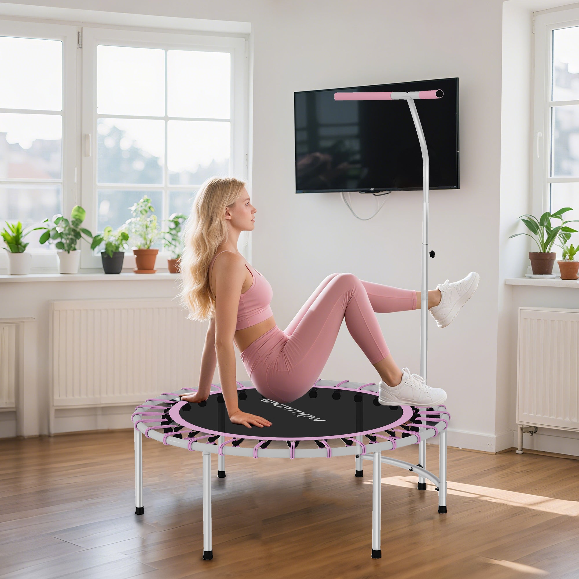 SPORTNOW 40" Fitness Trampoline, Mini Rebounder Trampoline for Adults with 5-Level Adjustable Handle, Indoor Exercise Bungee Rebounder, Max Load 100KG, Purple